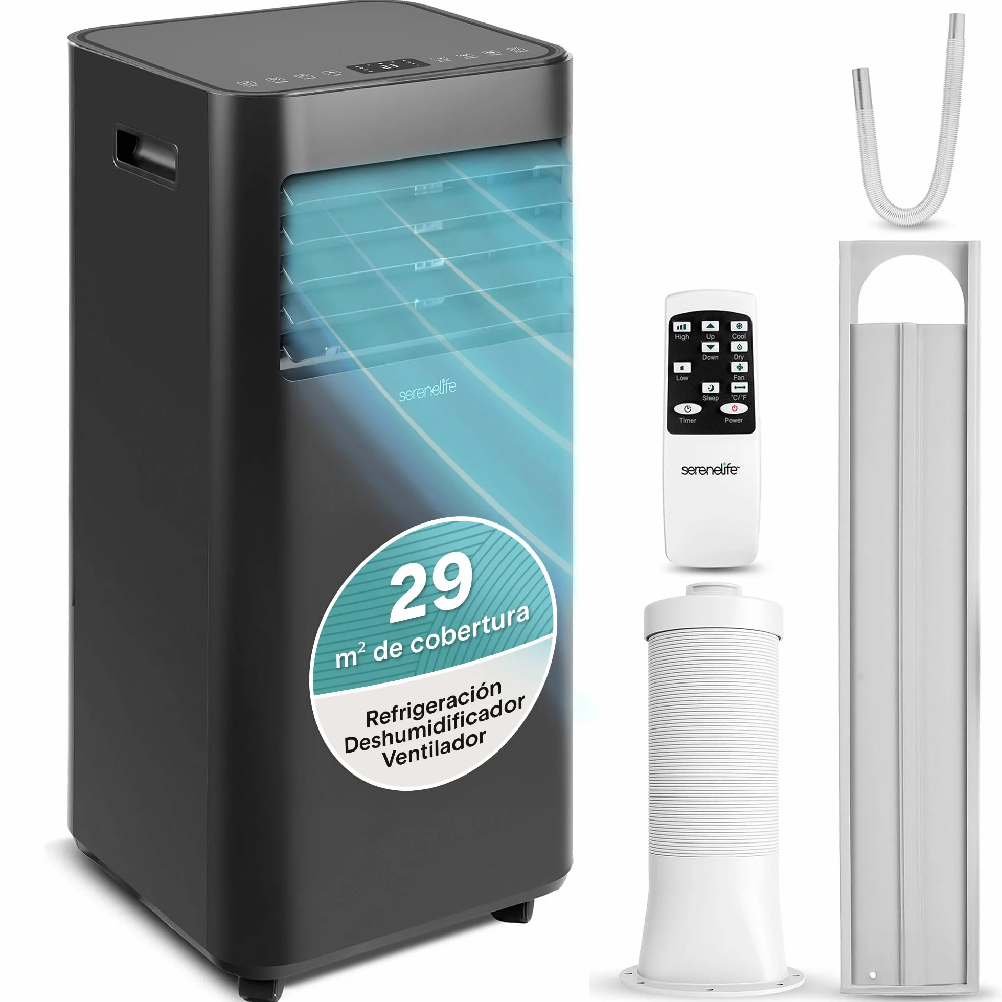 Aire Acondicionado Portátil 7000 BTU (2,05 kW) SereneLife, Climatizador 3 en 1 con Función Frío, Ventilador y Deshumidificador, Compacto con Mando a Distancia y Kit de Ventana