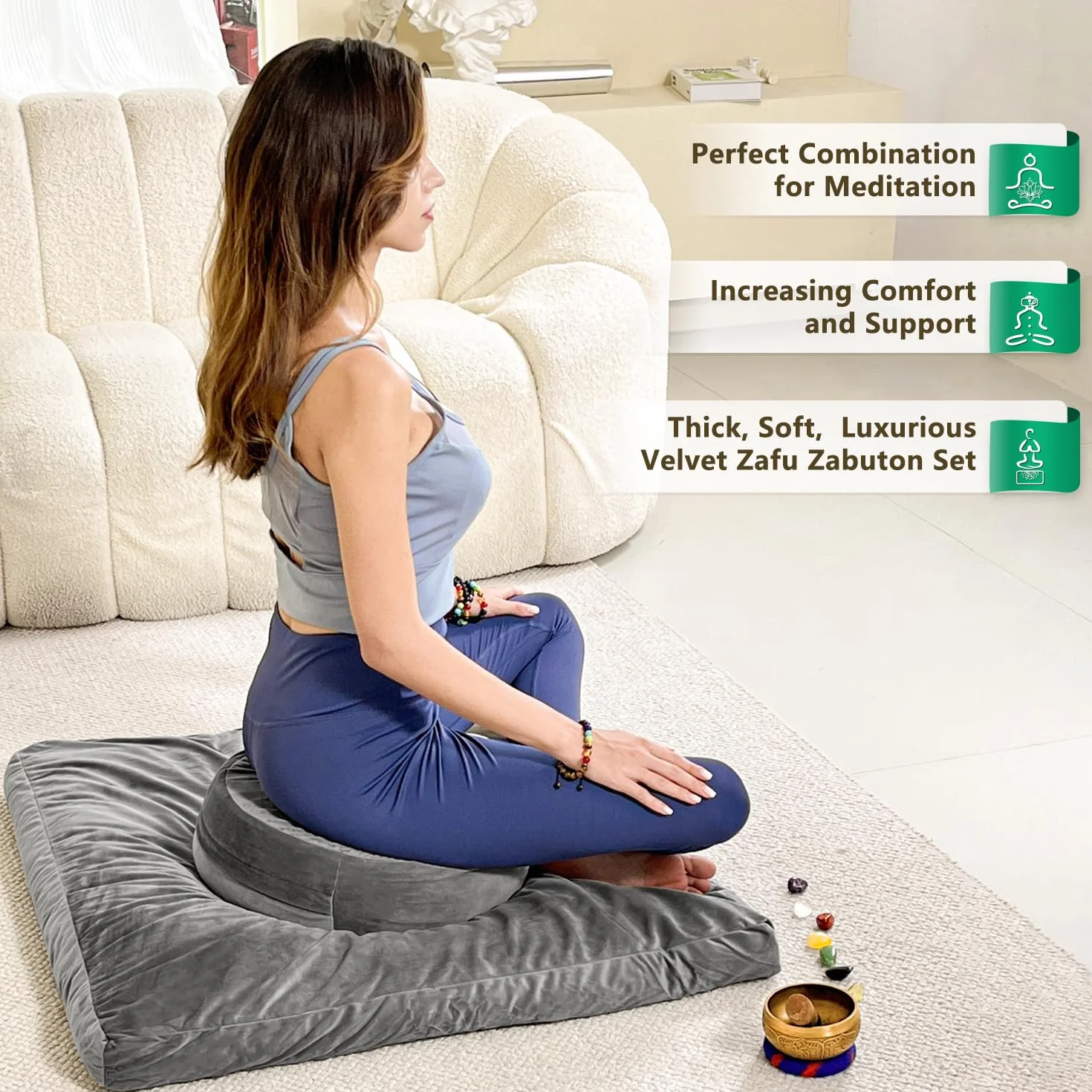 Hihealer Cojín de meditación y alfombra 40x40x13 cm 80x80x8 cm yoga relajación