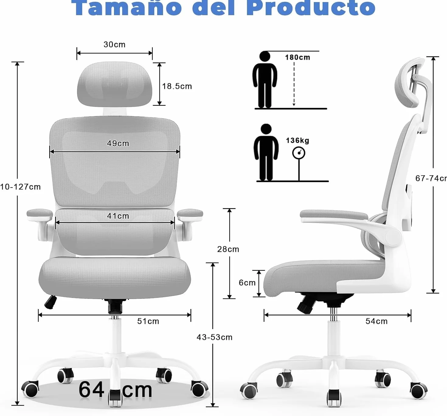 Silla Oficina Ergonómica con Soporte Lumbar Dinámico, Reposabrazos Abatibles, Ajuste de Altura, Balanceo 120°, Gris