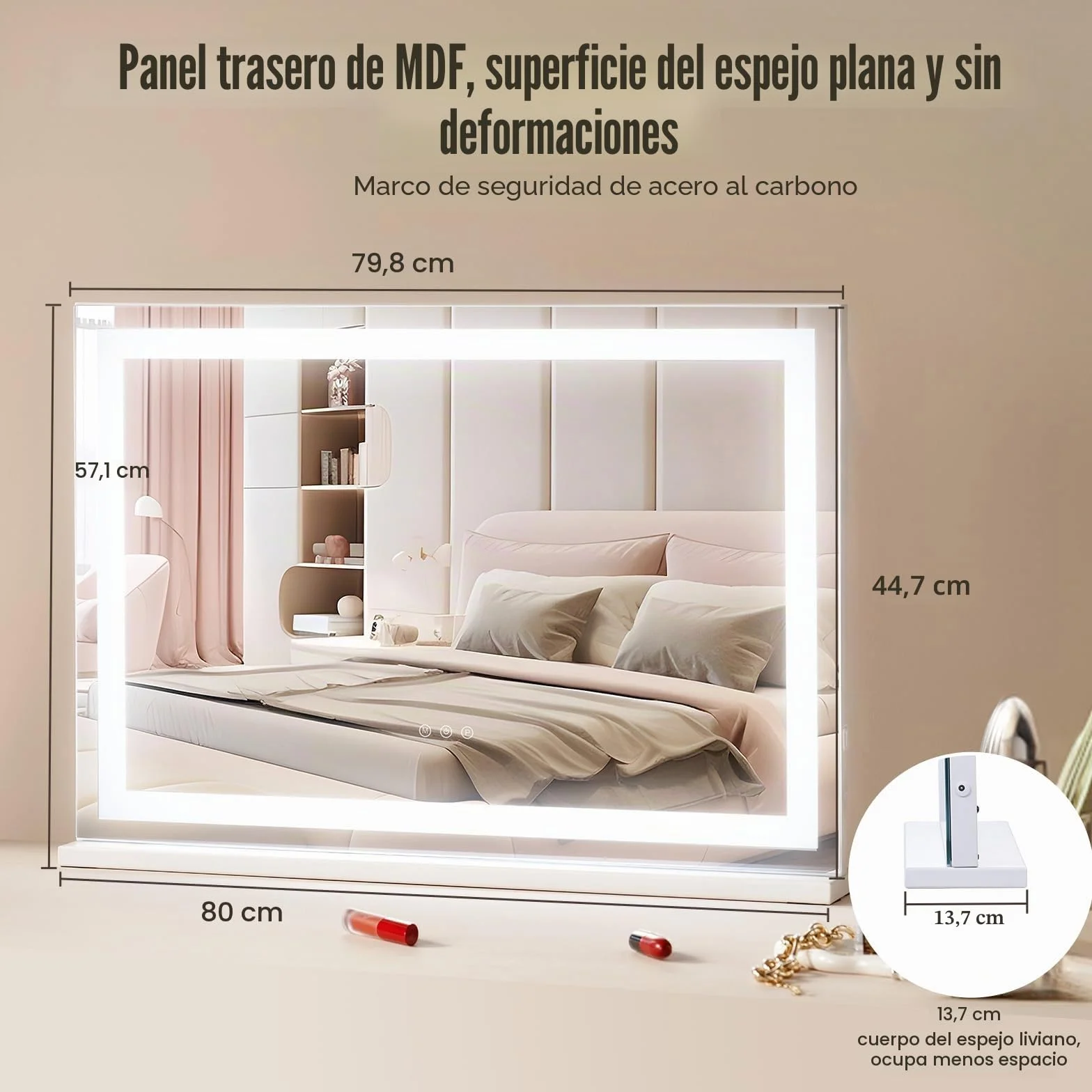 VEVOR Gran Espejo de Maquillaje Iluminado con Tres Modos de Iluminación de Color, LED Luces, Aumento de 5X, Puerto USB, Control Táctil Inteligente, Montaje en Pared de Escritorio, 800 x 120 x 572 mm