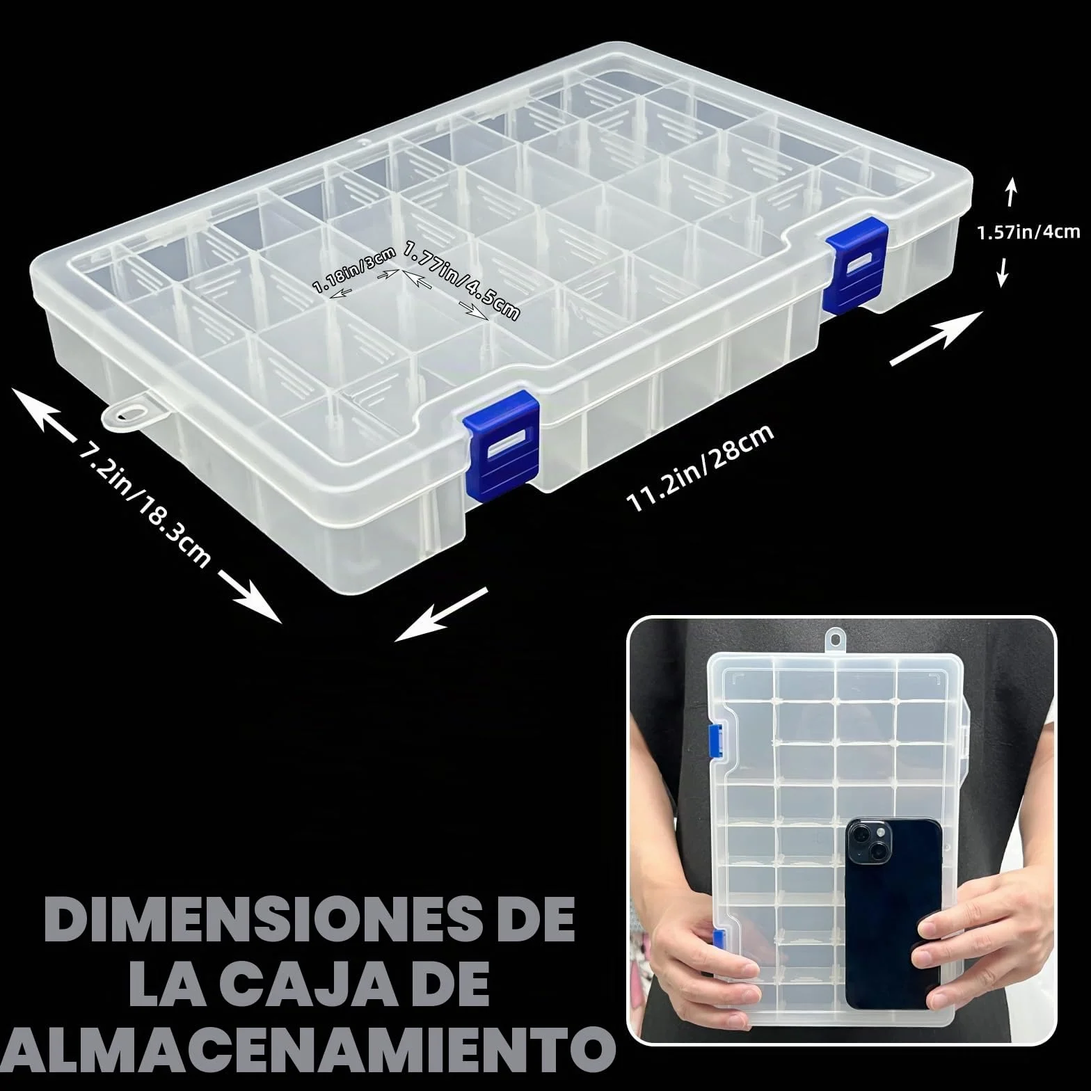 Qualsen Ajustable Caja de Almacenamiento de plástico Joyería Organizador Contenedor de Herramientas (34 Compartimientos, Transparente)