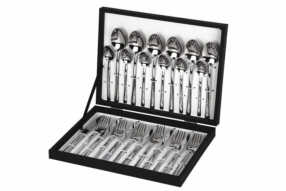 Cofan Cubertería | Modelo Bari | Fabricado en Acero Inox 18/0 | Juego de 24 pcs | Incluye estuche negro de madera