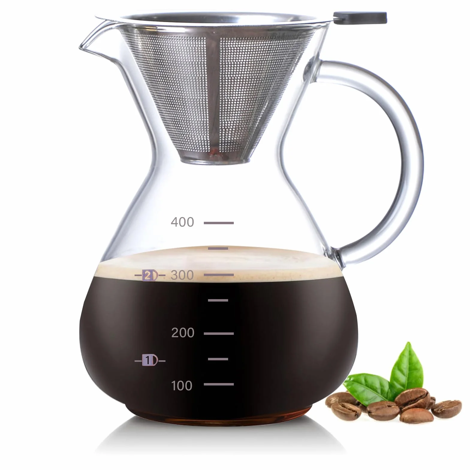 Pour Over Coffee Maker, 400ml Vaso Cafetera Goteo Manual con Filtro Café Reutilizable y Mango Resistente al Calor, Cafetera Goteo Pequeña Prepara Hasta 2 a 3 Tazas para Baristas