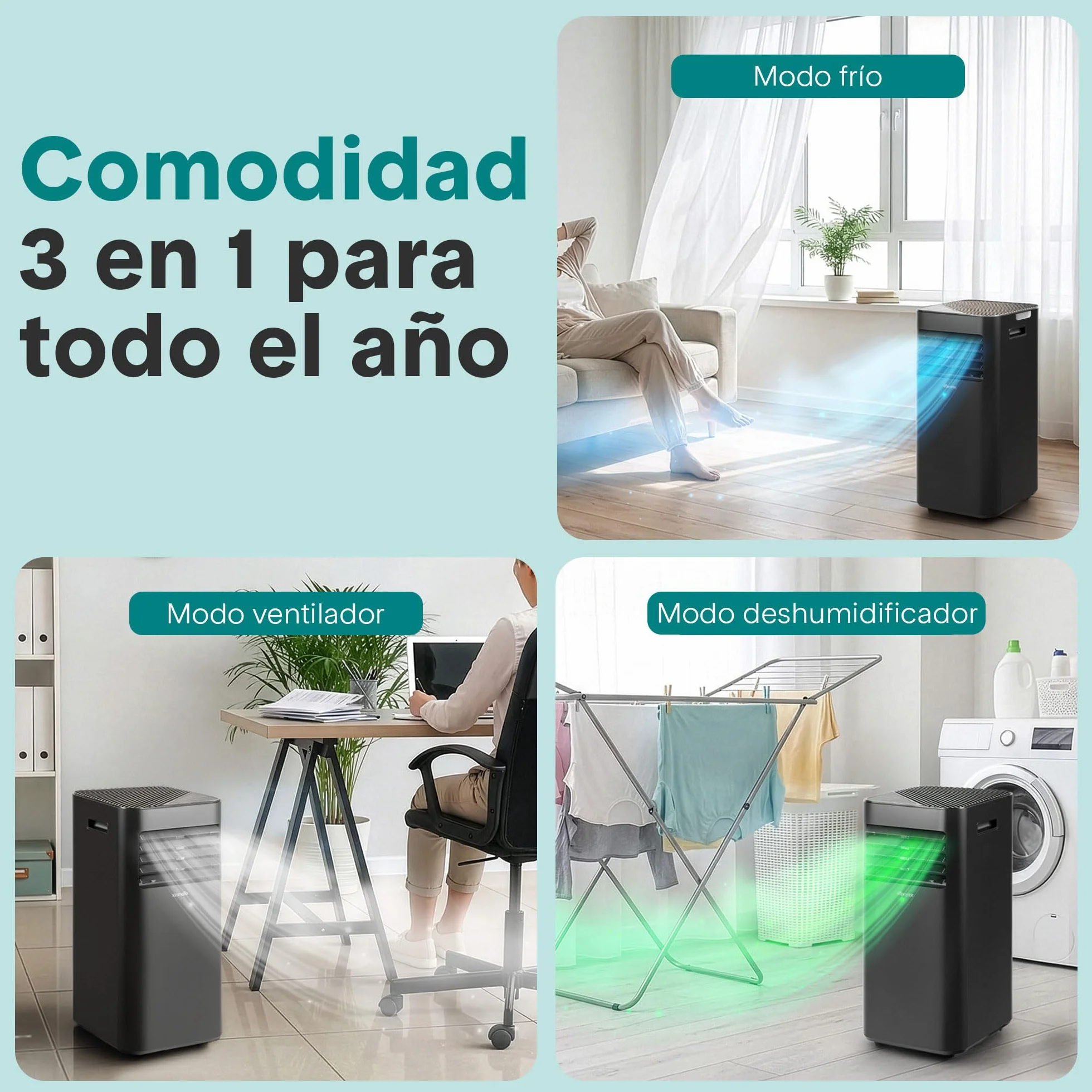 Aire Acondicionado Portátil 7000 BTU (2,05 kW) SereneLife, Climatizador 3 en 1 con Función Frío, Ventilador y Deshumidificador, Compacto con Mando a Distancia y Kit de Ventana