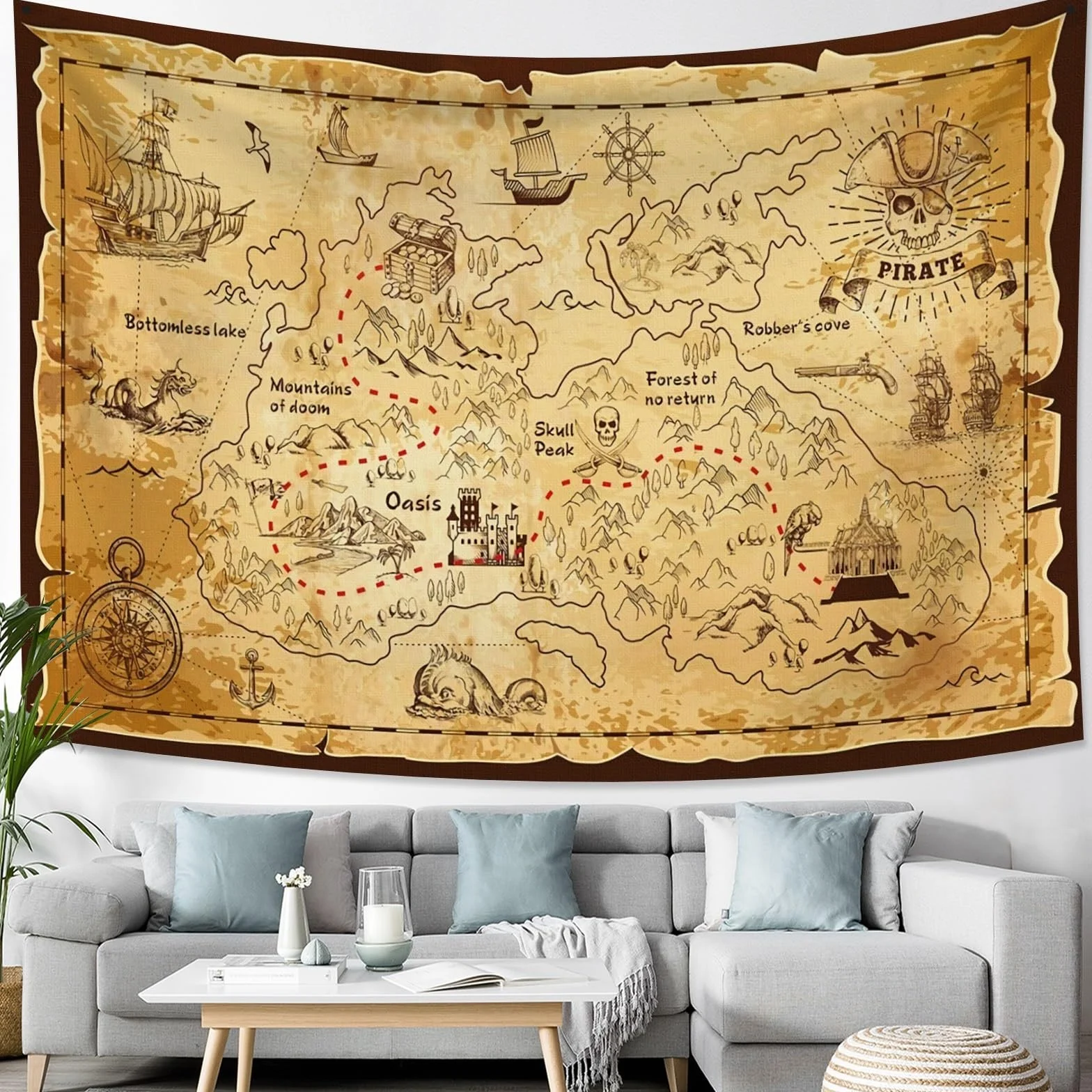 YONGFOTO Tapiz Mapa del TesoroAntiguos Pirata Mapa Mundi Decoracion Pared Poster Isla Occidental Ruta Navegación Dormitorio Cubierta Sofá Cama, 100x70cm