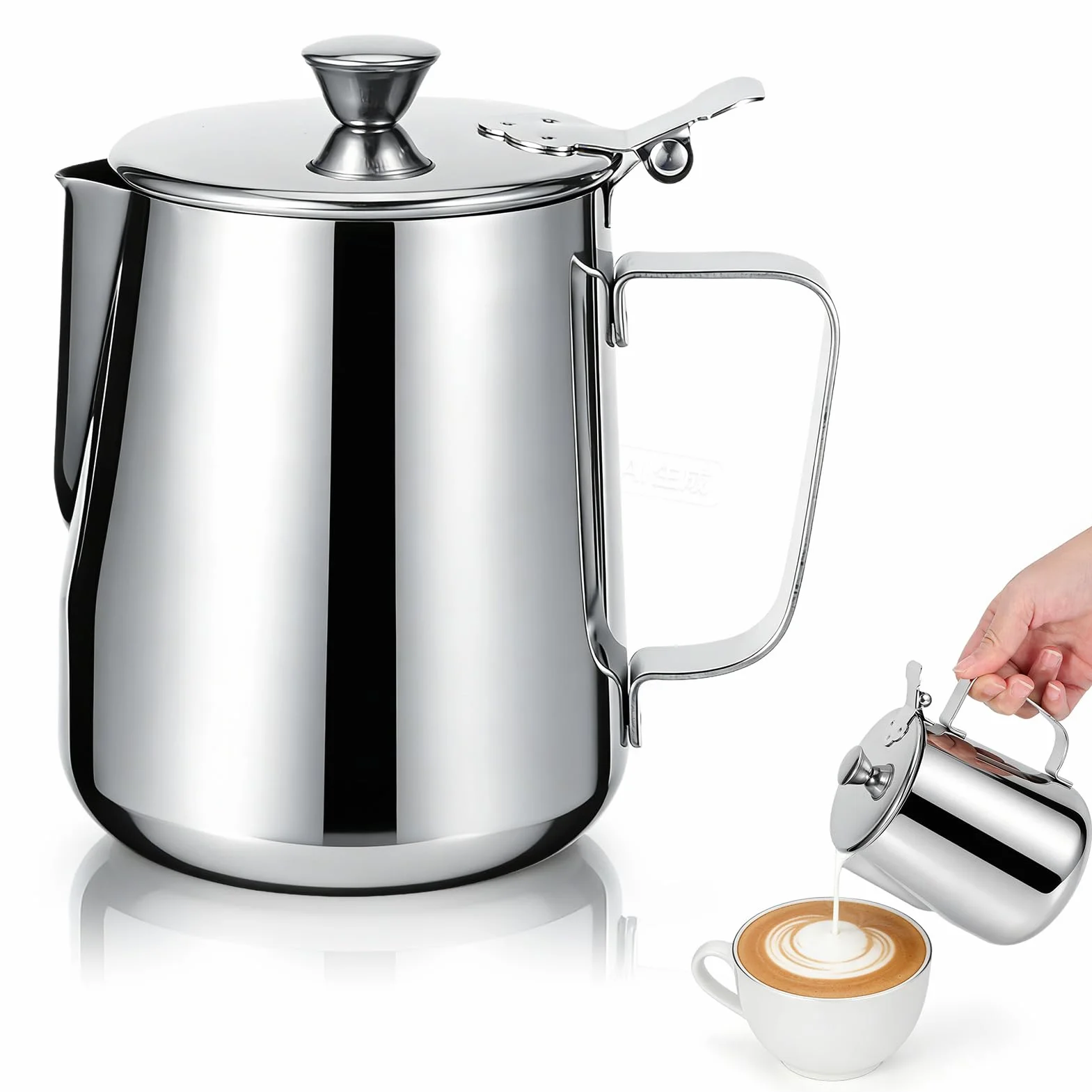 Jarra de leche con tapa, 600 ml/1000 ml, jarra de leche de acero inoxidable, jarra de espuma de leche con mango para café con leche, número de referencia (600 ml)