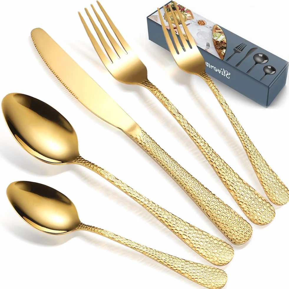Home Safety Juego de cubiertos dorados, juego de cubiertos de acero inoxidable de 30 piezas, juego de cubiertos de pulido de espejo de alta calidad para 6, incluye cuchillos, tenedores, cucharas, apto