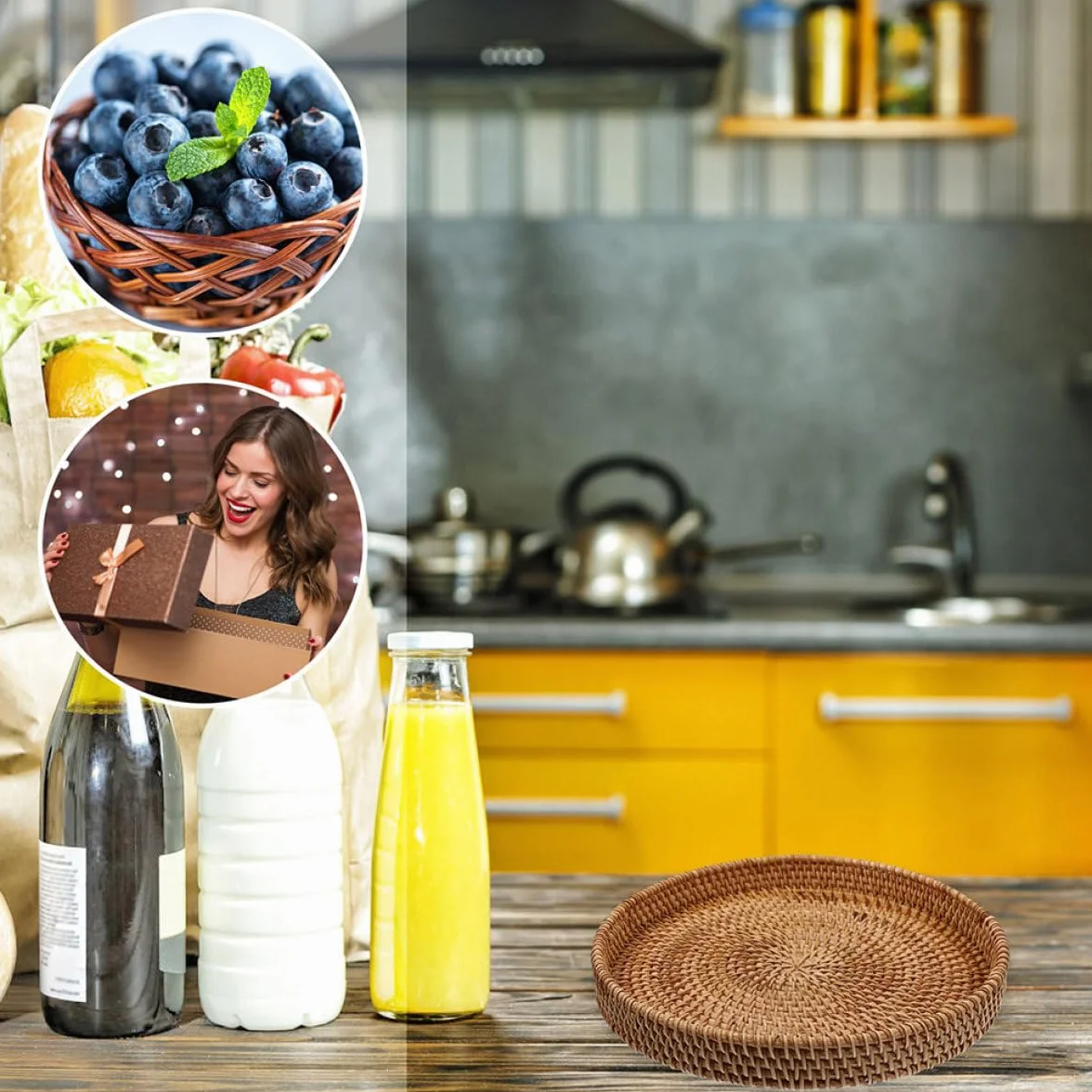 Genérico Bandeja Redonda de Ratán 30 CM sin Asas, Cesta Tejida a Mano para Servir Café, Frutas y Pan, Contenedor Abierto para Mesa de Café y Organización en Cocina
