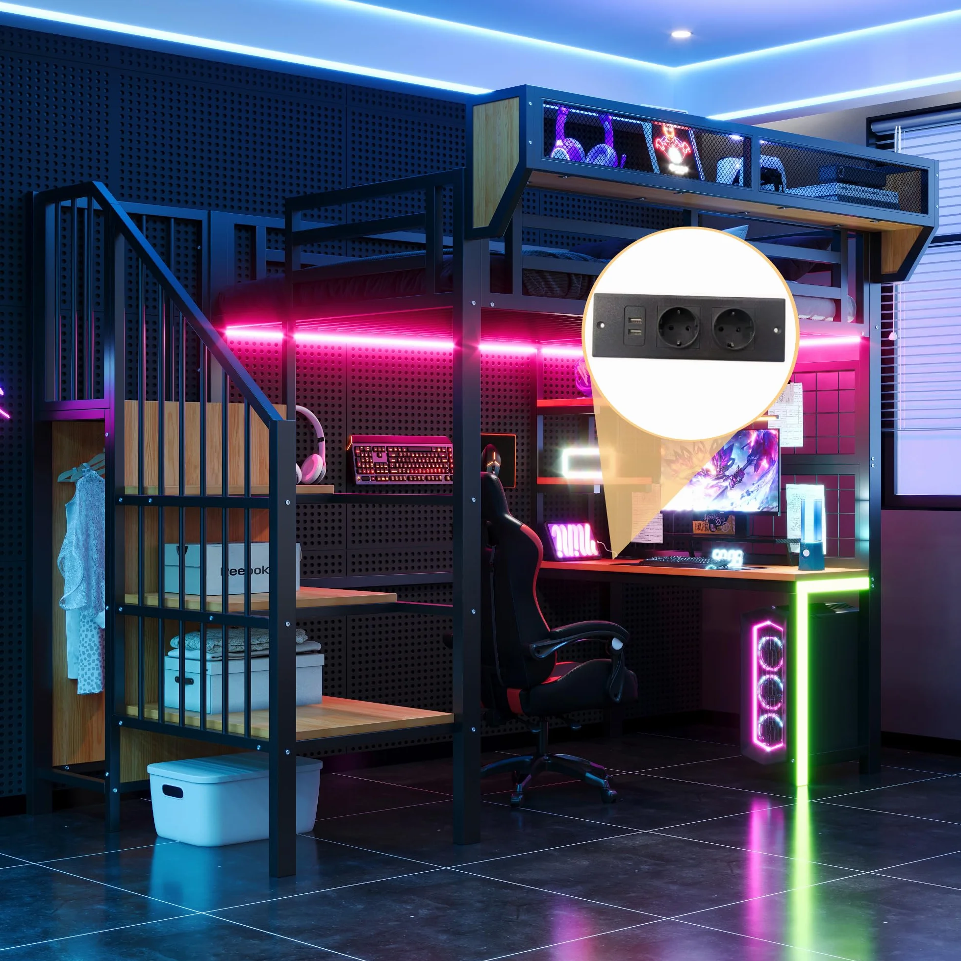 Cama alta de metal 90 × 200 con luces LED, enchufe, escritorio, estante, red de almacenamiento, litera para niños con escalera portaobjetos, estructura de cama individual, color negro