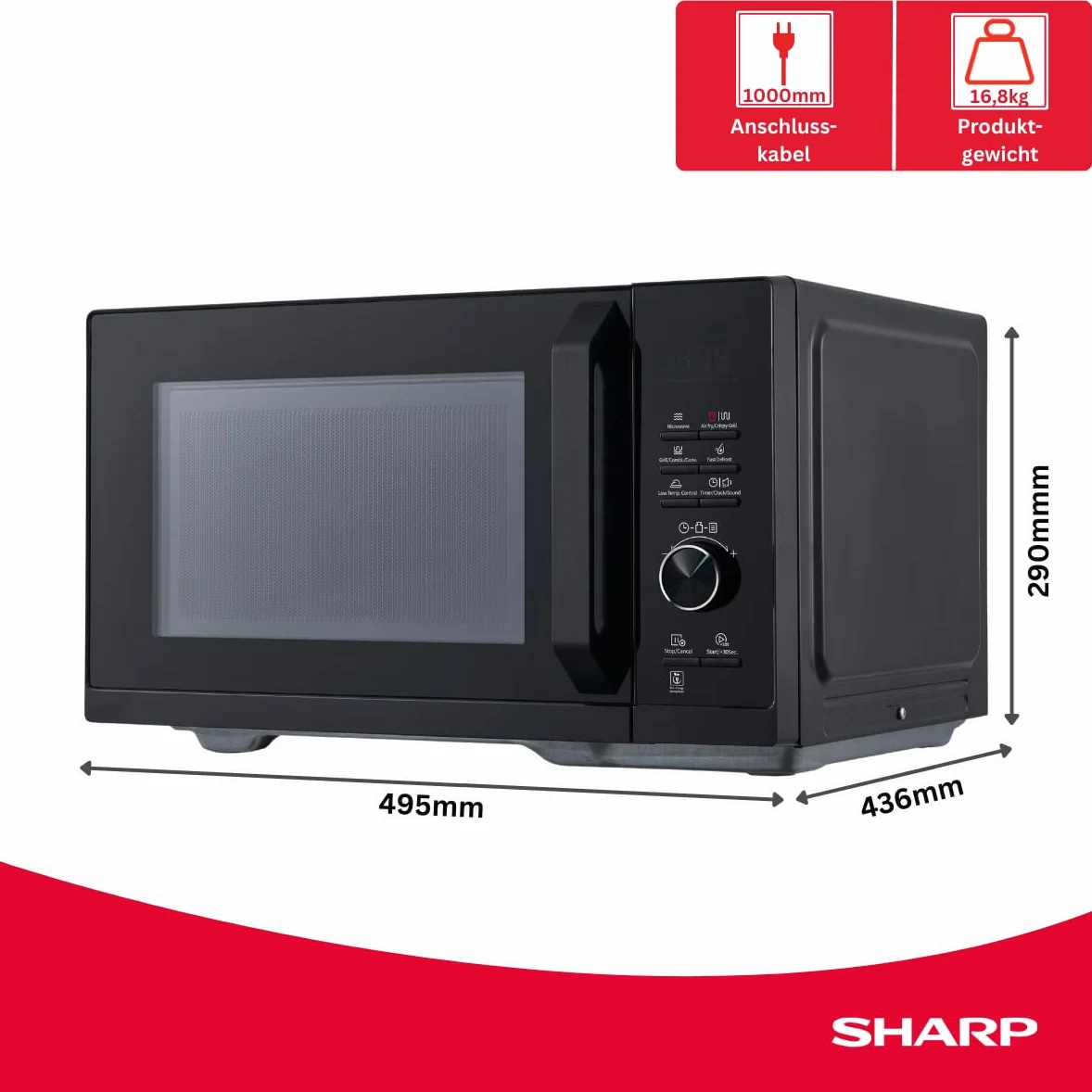 Sharp Microondas Airfry 5 en 1 RCA271TB 900 W, parrilla de 1000 W, aire caliente y función AirFry, convección 2100 W, 27 l, 28 descongelación automática, descongelación controlada por peso y tiempo