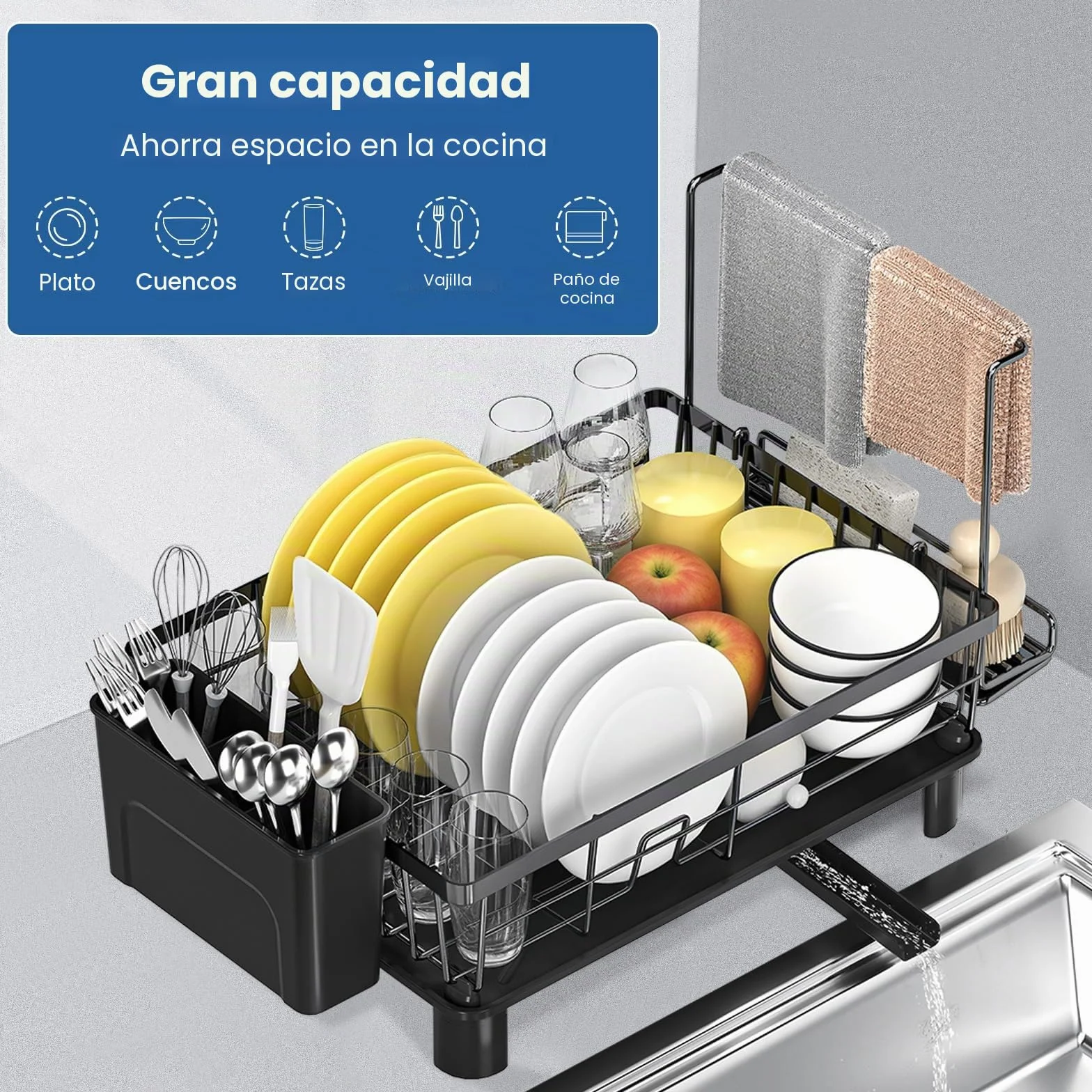 Escurridor de Platos Giratorio 360° con Drenaje Automático Extensible, Organizador de Cocina Ahorra Espacio, Negro