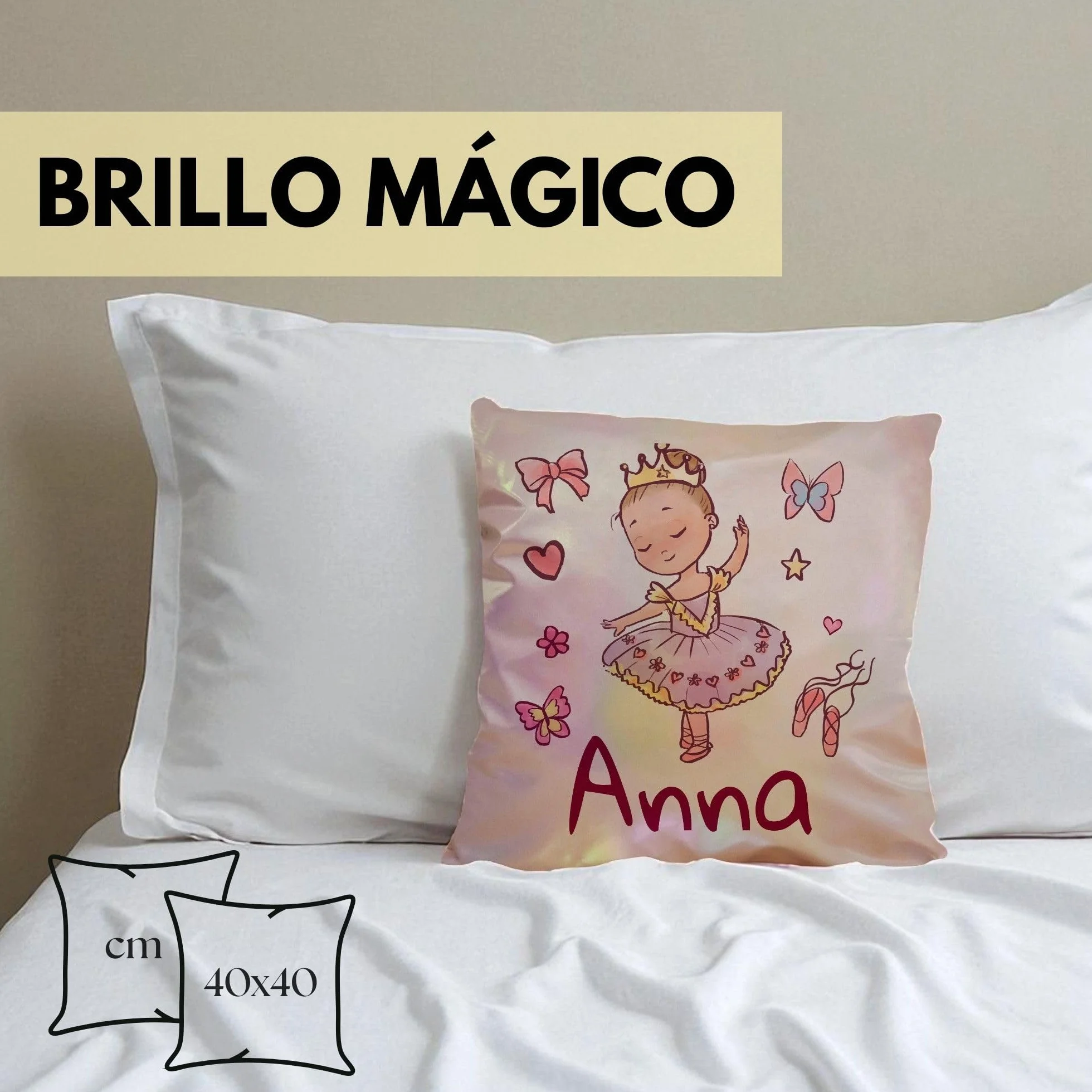 LolaPix Cojin Personalizado Mágico 40x40cm. Cojin Guarderia. Cojines Infantiles Personalizados. Cojín Infantil con Nombre 3 Colores Disponibles. Cojines Fantasía 40x40cm. Bailarina