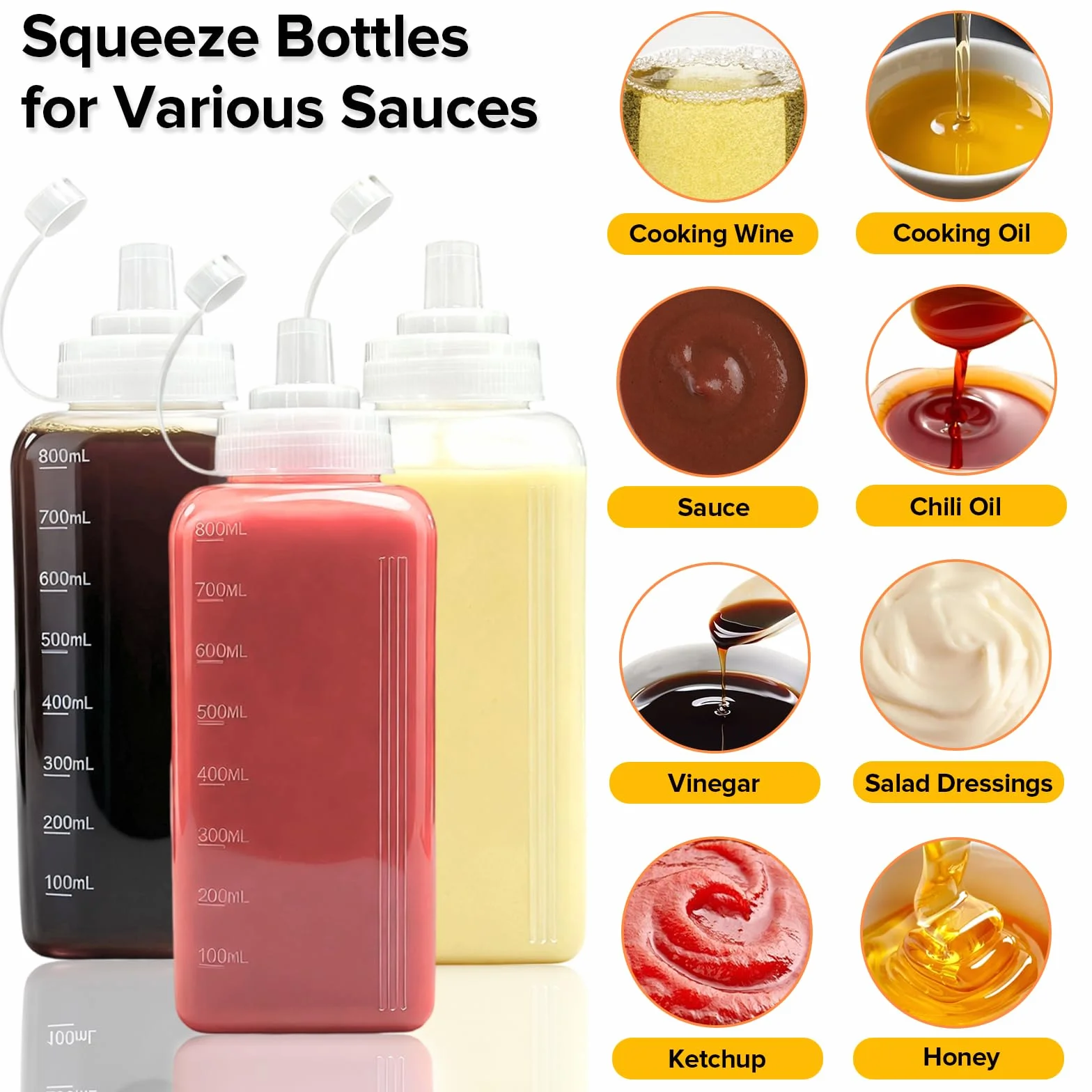 4 Piezas Biberon Cocina 800ml, biberones cocina 27oz, Transparente Botellas de Cocinas con Tapa, Plástico Botella Salsa con Cepillo y Embudo para Salsas Ketchup Oliva Mostaza Líquida