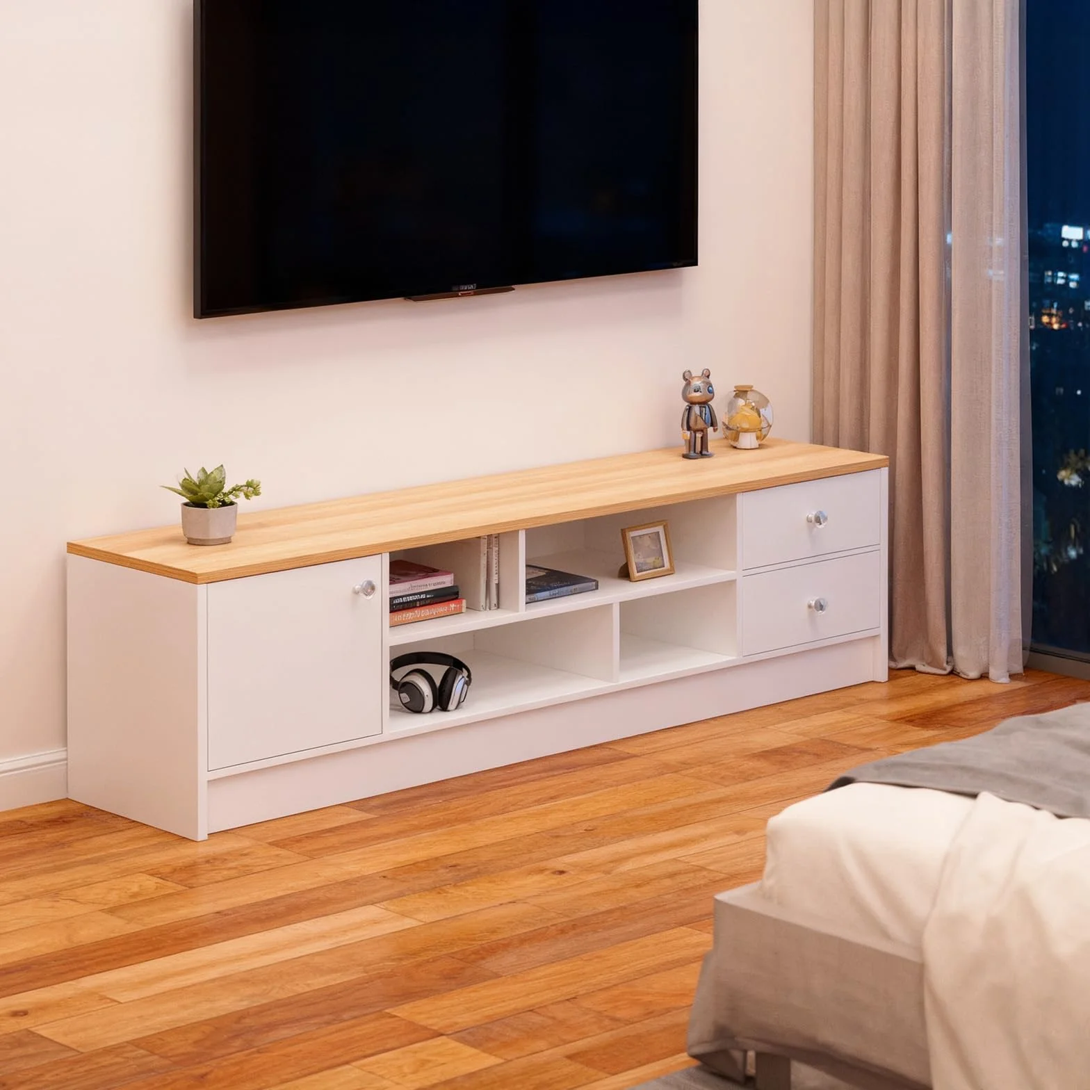 SHARPDO Mueble TV 160 cm Blanco y Madera, Mueble Bajo de Salón con 2 Cajones, 1 Puerta y 4 Compartimentos, Mesa TV Moderna para Salón y Dormitorio