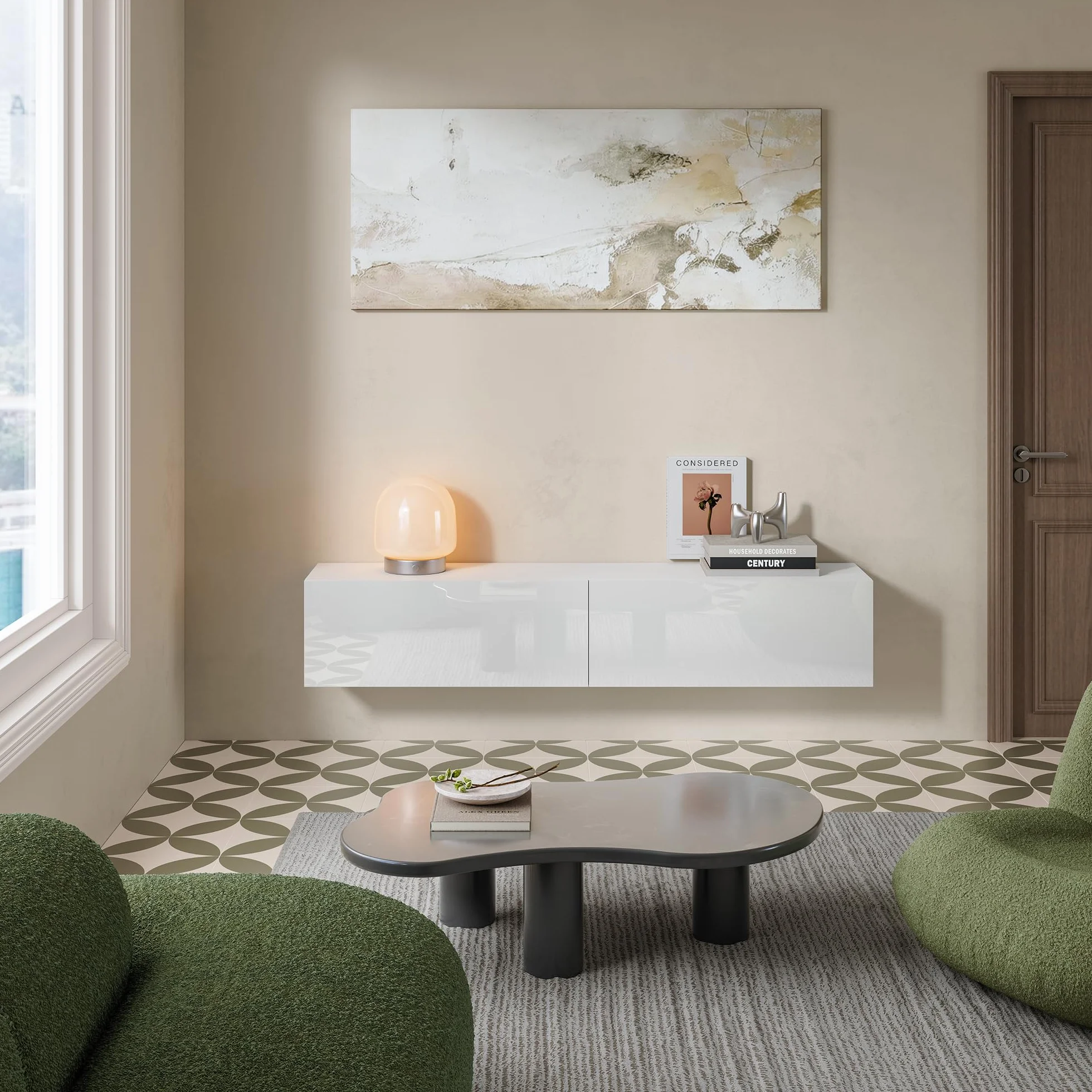 [en.casa] Mueble de TV Evaton Armario Flotante Estantería de Pared con 2 Compartimentos Consola de Entretenimiento Multimedia 160 x 32 x 30 cm - Blanco Alto Brillo