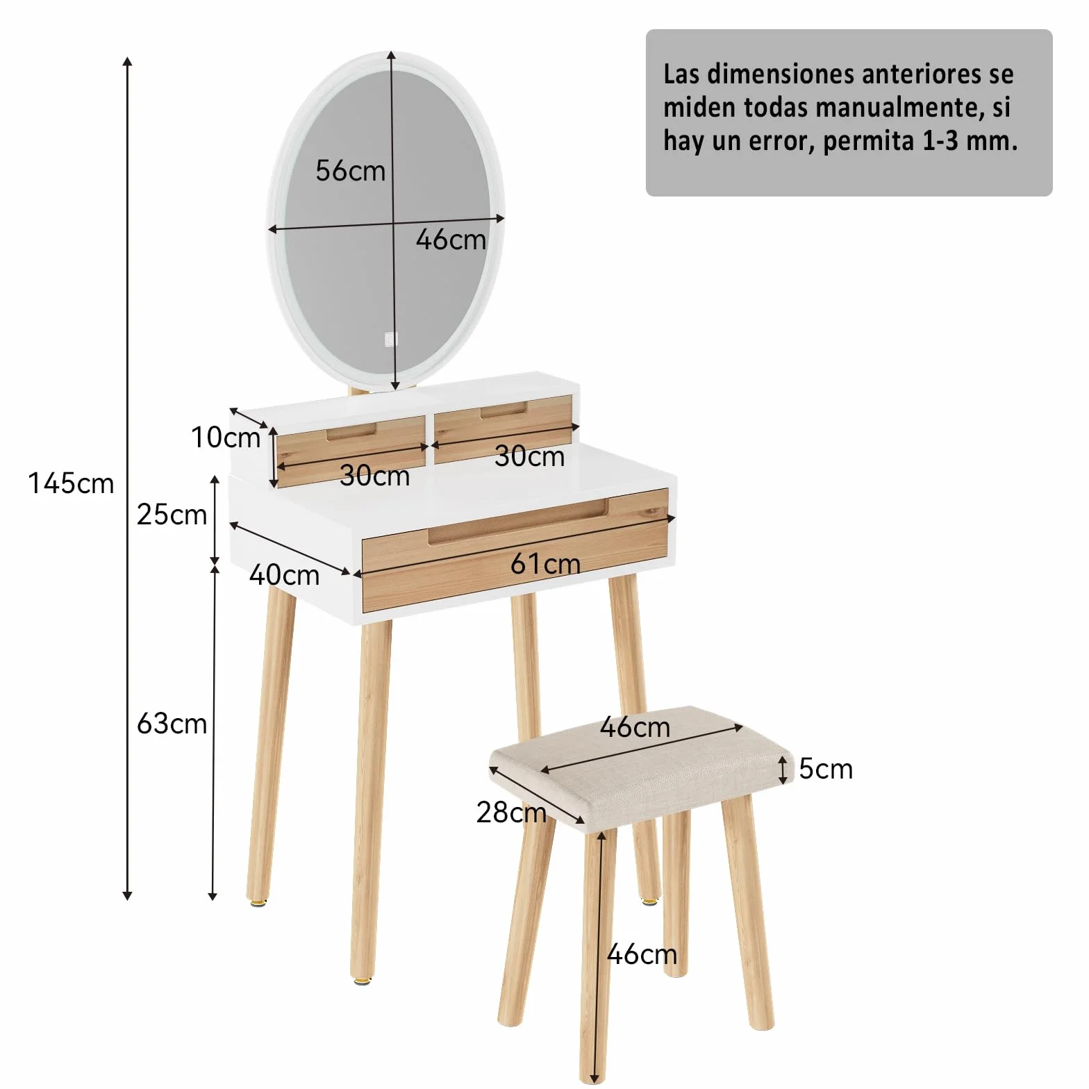 YU YUSING Tocador de Maquillaje con Espejo LED 3 Modos Luz y Taburete 3 Cajones, Mesa Cosmética Multifuncional