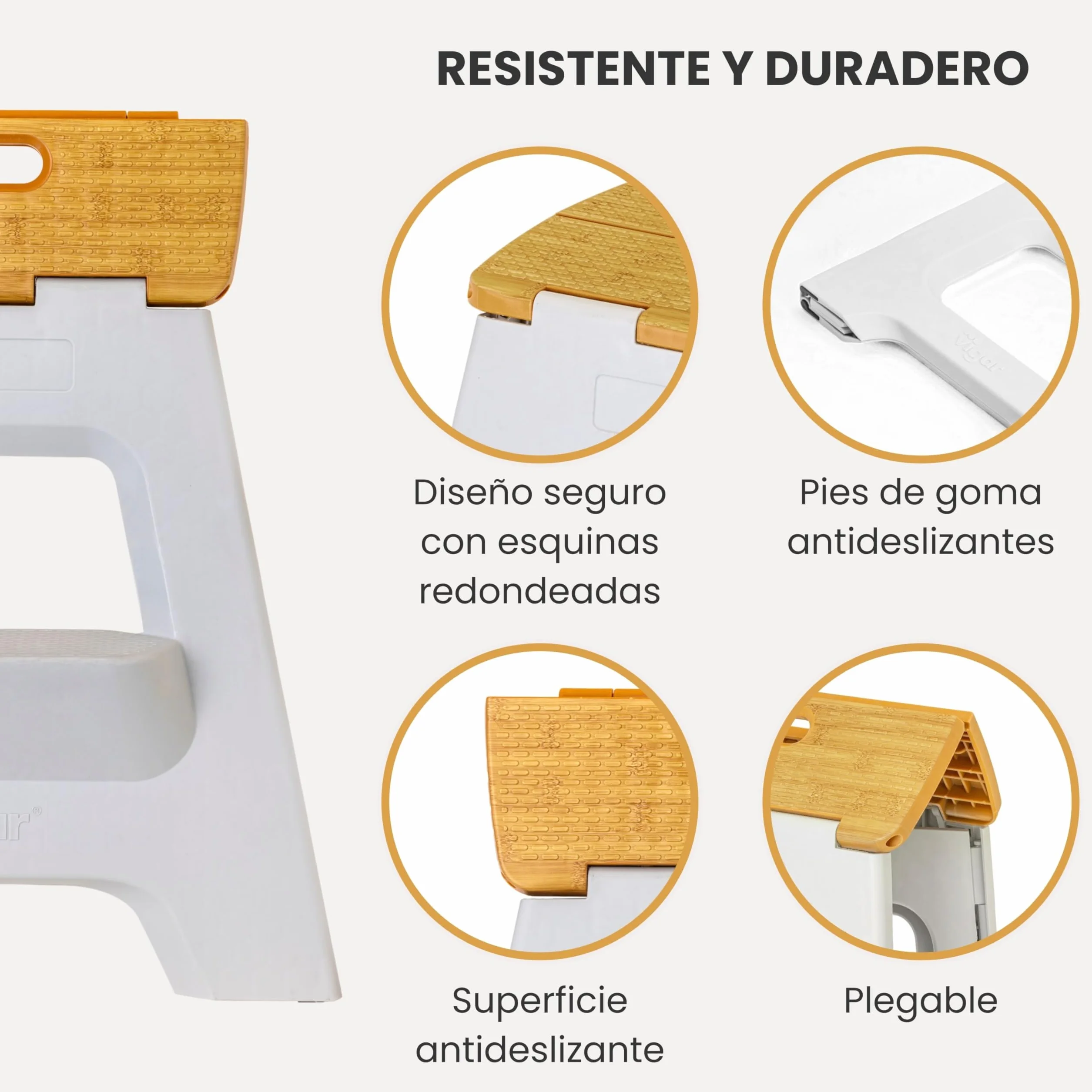 Vigar Taburete Plegable Portatil Compacto 40 cm Antideslizante de Dos Peldaños, Silla Banco para Casa Cocina Baño Oficina, 150 kg Gris Bamboo