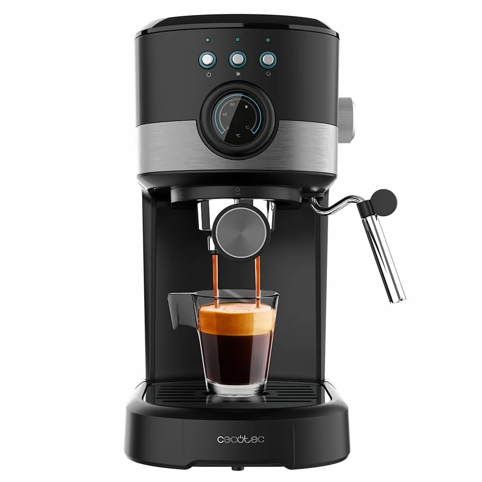 Cecotec Cafetera Express Power Espresso 20 Pecan Pro 1100W 20bars ForceAroma Vaporizador Orientable Brazo Doble Negro