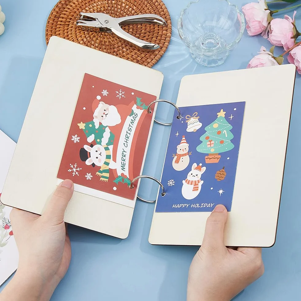 SUPERDANT Árbol de Navidad dibujado a mano, tarjetas de felicitación, organizador de tarjetas pasadas, carpeta de tarjetas postales, soporte para tarjetas de madera, regalos de Navidad, 2 anillos