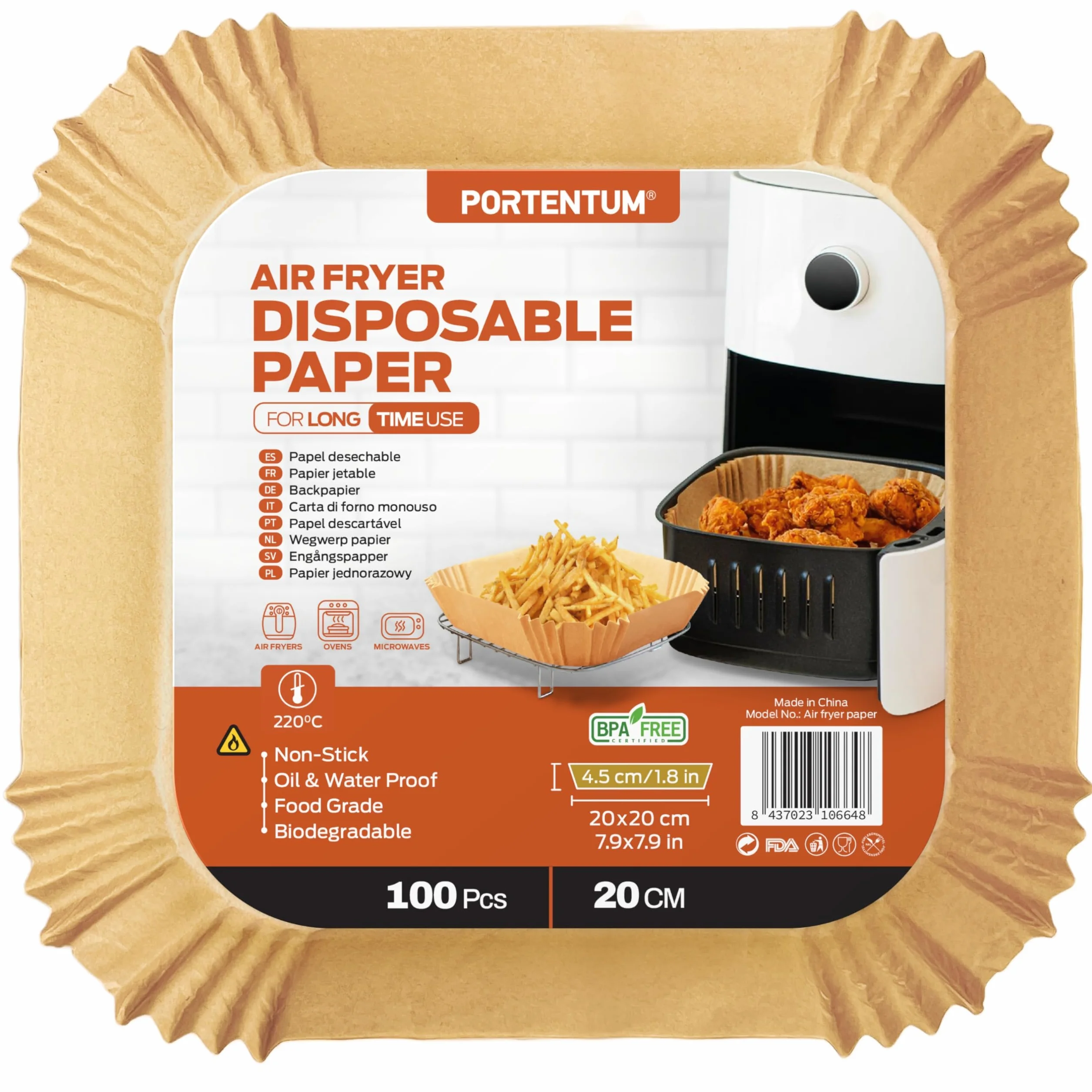 PORTENTUM Papel freidora aire 100 unidades 20-24 cm Cuadrado BPA free FDA LFGB