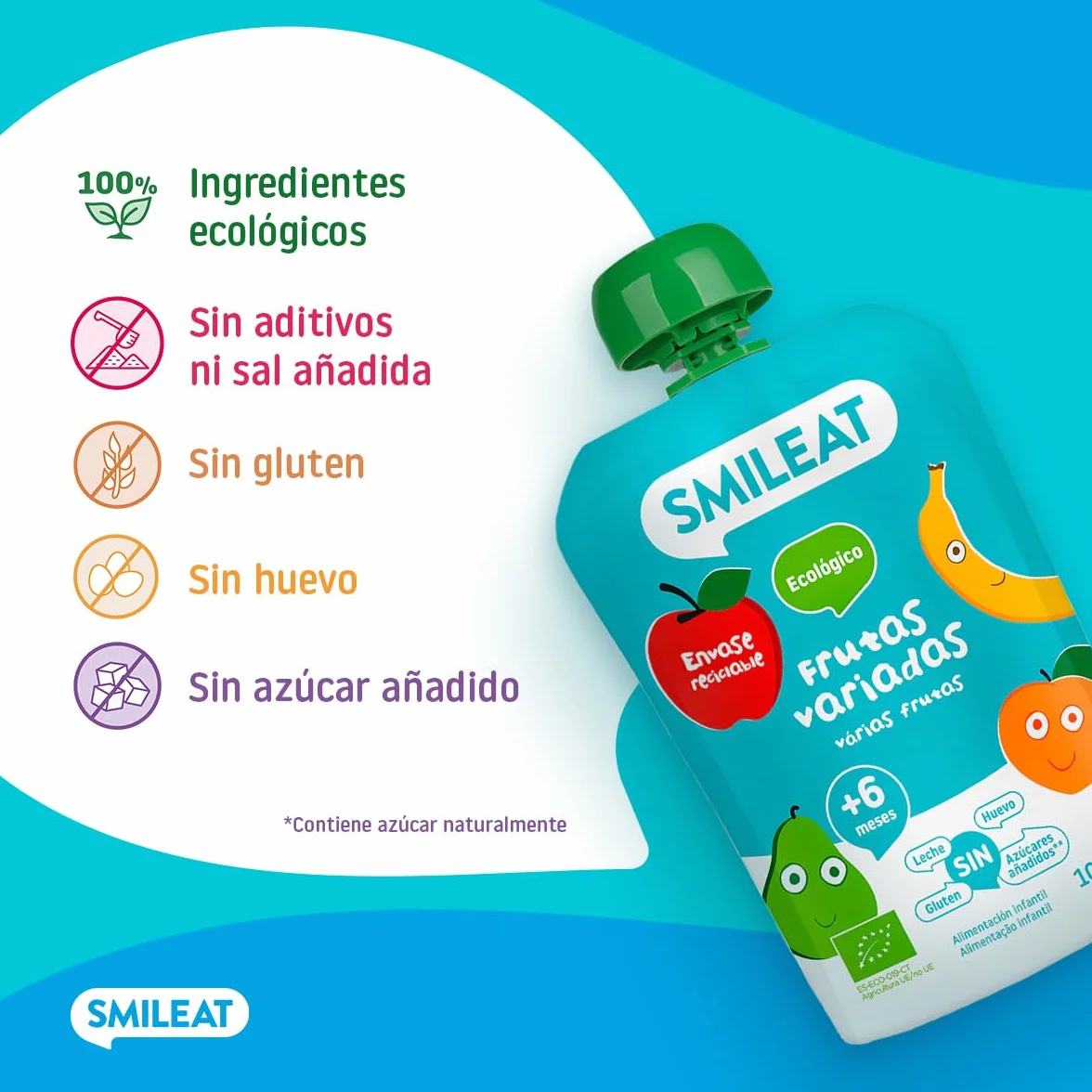 Smileat Pouch de Frutas Ecológicas Sin Sal ni Azúcar Añadido Sin Gluten Snack Práctico para Peques