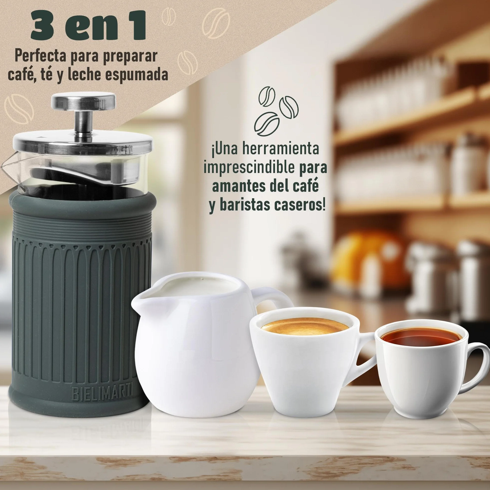 Cafetera de Prensa Francesa, 350 ml, Vidrio Borosilicato, Funda de Silicona Térmica,french press,cafetera de embolo (gris)