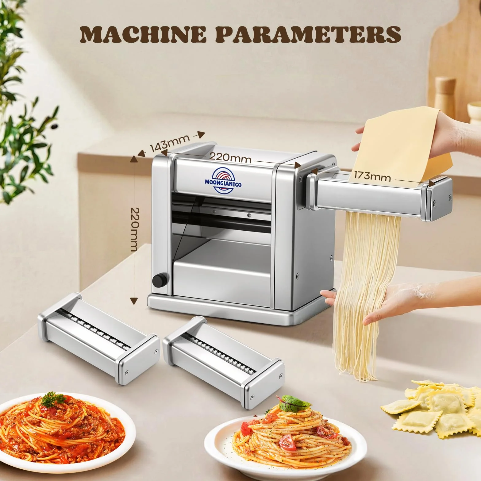 Moongiantgo Máquina de Pasta Eléctrica Laminadora de Masa Acero Inoxidable con Cortador de 2mm/4mm/6.5mm para Espaguetis, Ravioli, Ajuste de Espesor de 7 Velocidades para Uso Doméstico (3Cuchillas)