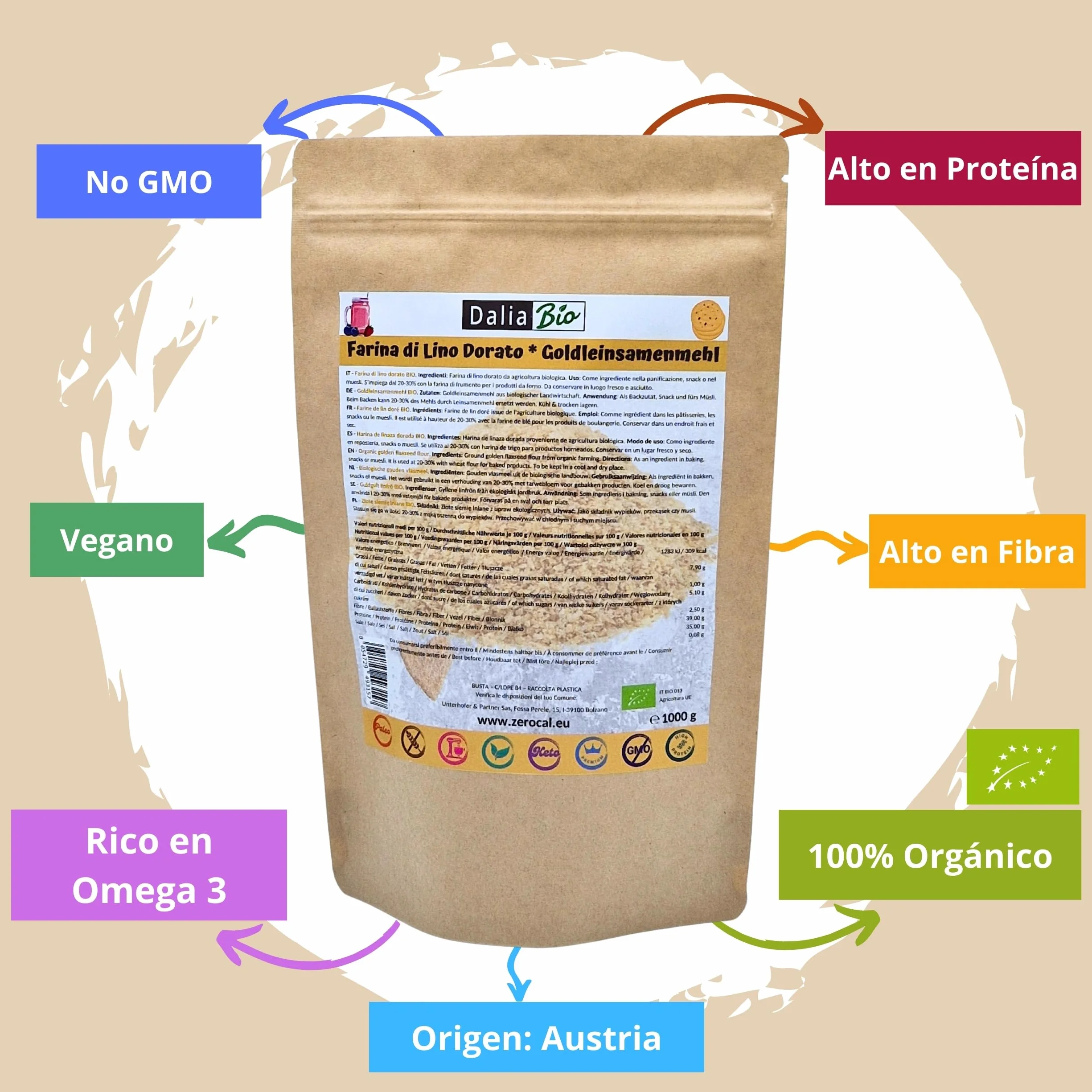 Harina de Semillas de Lino Dorado Bio 1kg Alta en Proteínas Omega-3 Fibra Sin Gluten Vegano Austria