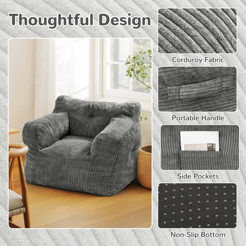 Pamapic Puff Salon, Sillon Puff con Relleno Incluido, Sofa Puf con Asas Portátiles, Sillas de Salon Ergonomicas Moderno, Bean Bag Interior para Sala de Estar, Dormitorio, Sala de Juegos, Gris