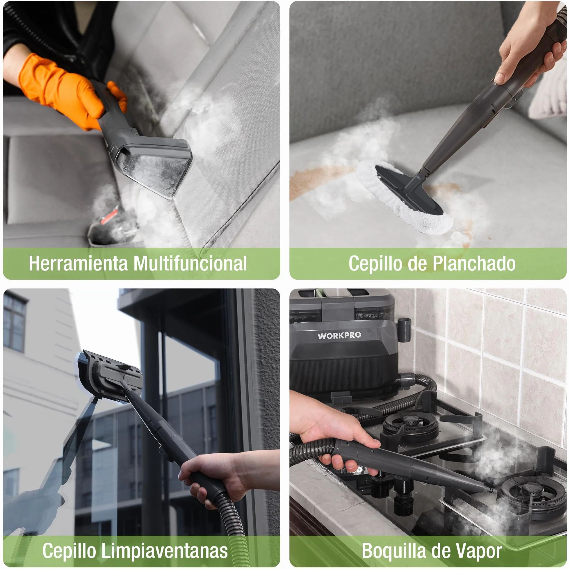 WORKPRO Limpiador de Tapicerías y Alfombras a Vapor con Aspirador 4 en 1, Potente Succión 16 kPa, Accesorios para Suciedad de Mascotas, Sofás, Colchones, Cortinas, Asientos de Coche