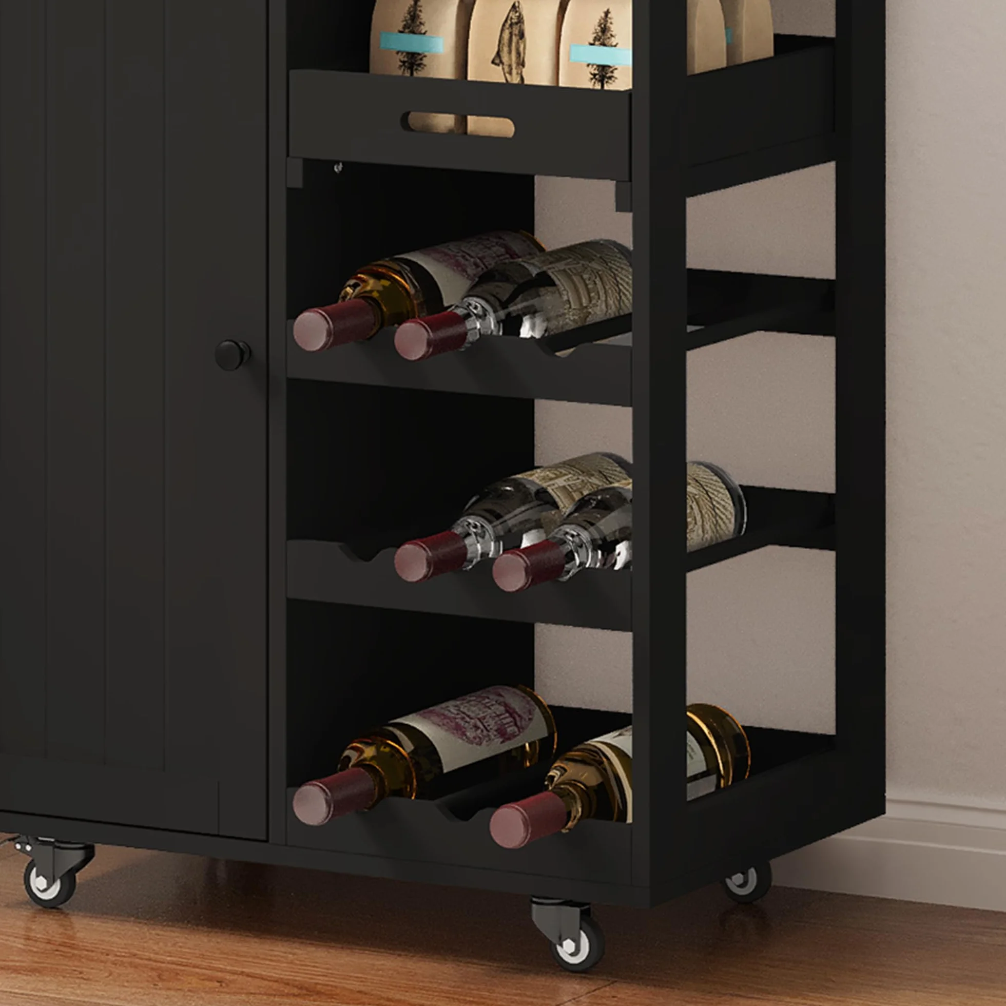 Xbro Carrito Auxiliar con Ruedas, Carrito con encimera, cajón, Bandeja extraíble, Estante para Vino, toallero y Gancho, Carrito Auxiliar para Cocina, Comedor y Bar, 40 x 64 x 91 cm, Negro
