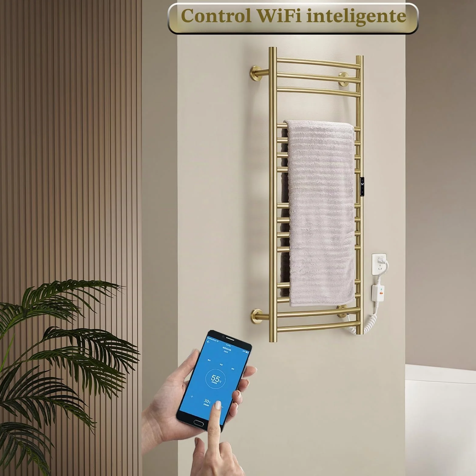ESOP RadiadorToallero Eléctrico Baño Oro Cepillado 185 W Calienta Toallas 1100 x 600 mm 15 Varilla Curva WiFi Inteligente Temperatura Constante
