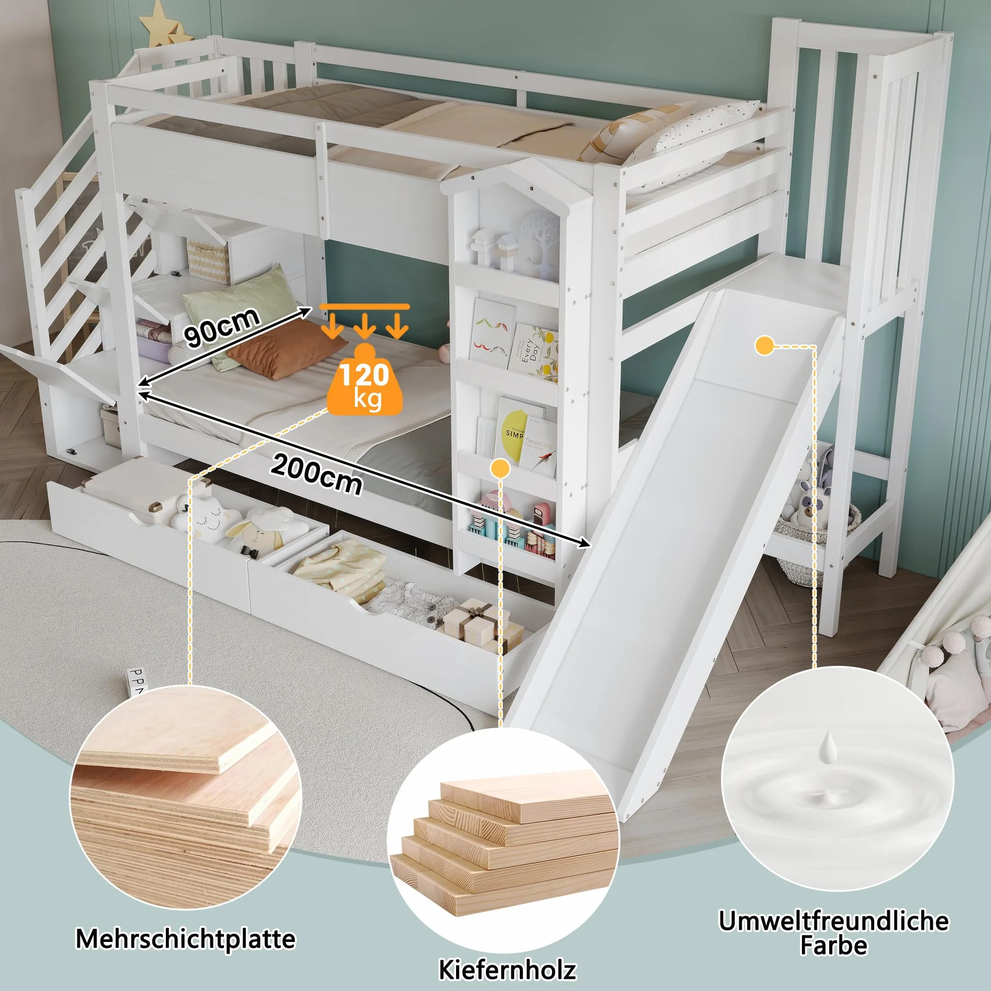 Litera, cuna, con estante para libros, dos cajones con ruedas y tobogán infantil, armario de almacenamiento para escaleras, pino + MDF + madera contrachapada, blanco, 90 x 200 cm