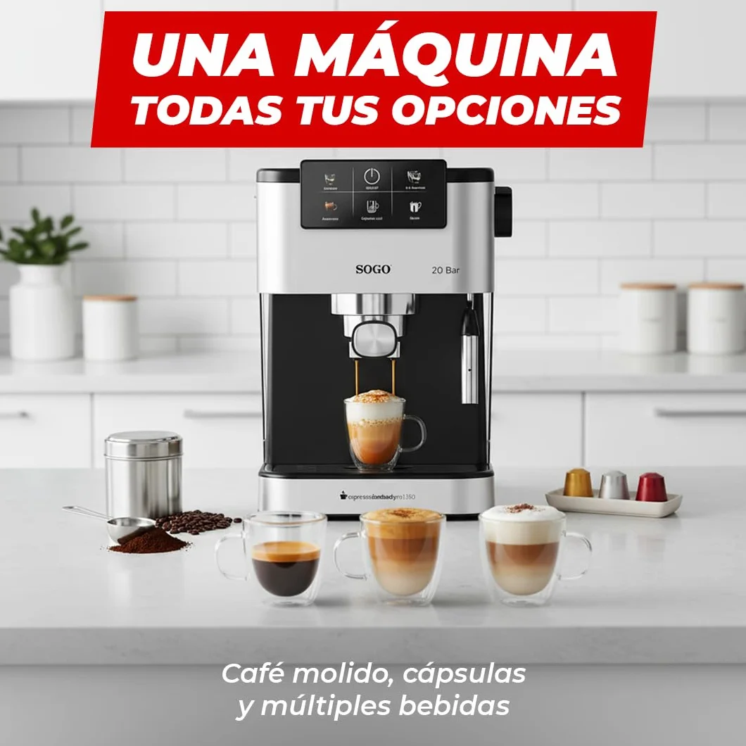 SOGO Máquina de Café Espresso 20 Bar con Pantalla Digital y Vaporizador de Leche – Cafetera para Café Molido y Cápsulas – Cafetera con Espuma Cremosa y Calentamiento Rápido – Limpieza Fácil