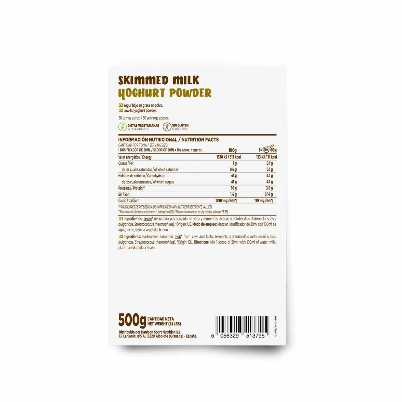 Yogur Bajo en Grasa en Polvo HSN Sabor Natural 500 g 50 Tomas No-GMO Vegetariano Sin Gluten