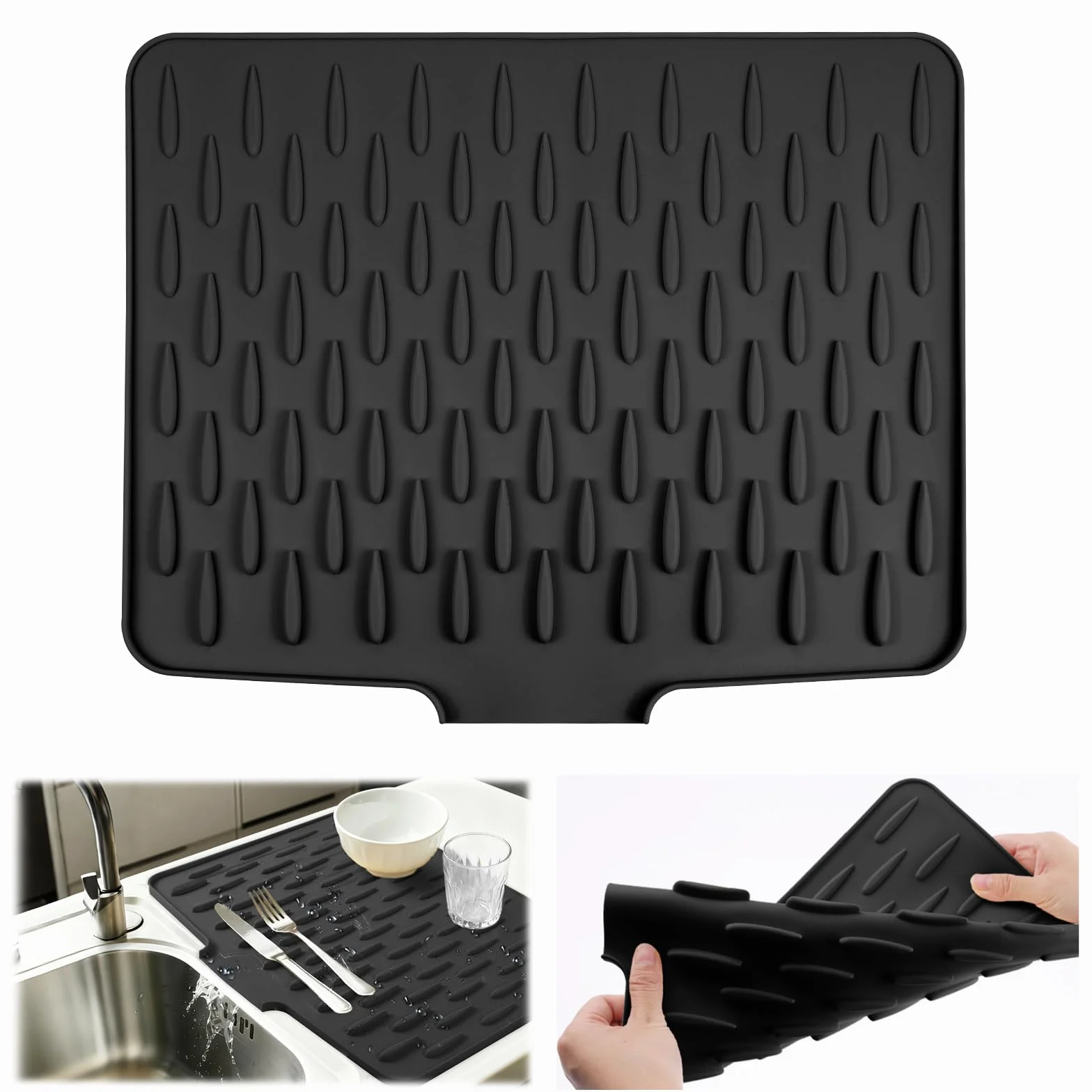 Vicloon Alfombrilla Escurreplatos de Silicona,Bandeja Escurreplatos con Salida de Drenaje,Grande Alfombrilla Escurreplatos,Alfombrilla para Secar Platos para Encimeras y Fregaderos de Cocina,Negro