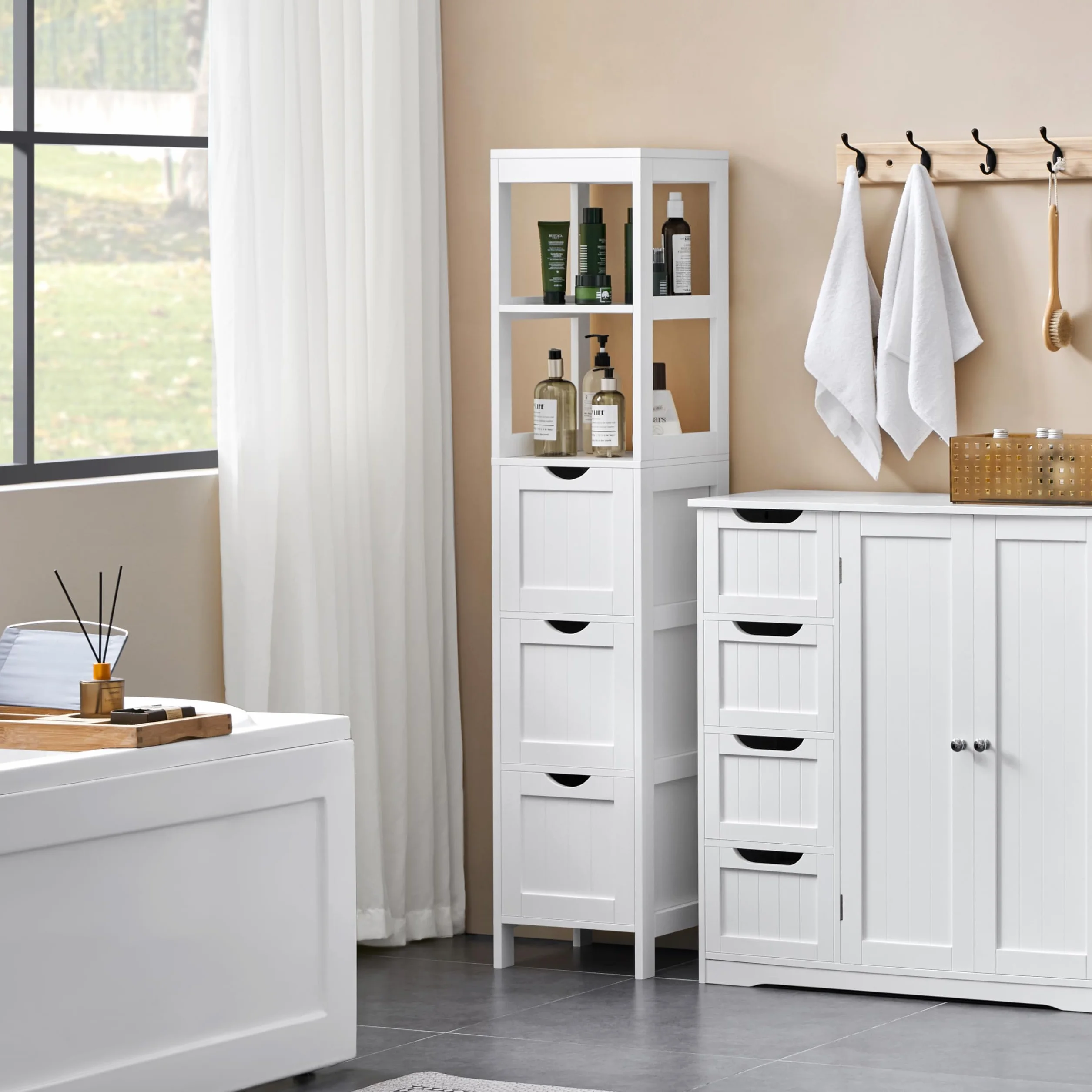 Yaheetech Armario Alta de Baño Mueble Auxiliar 2 Estantes Abiertos 3 Cajones 30x30x142 cm Blanco