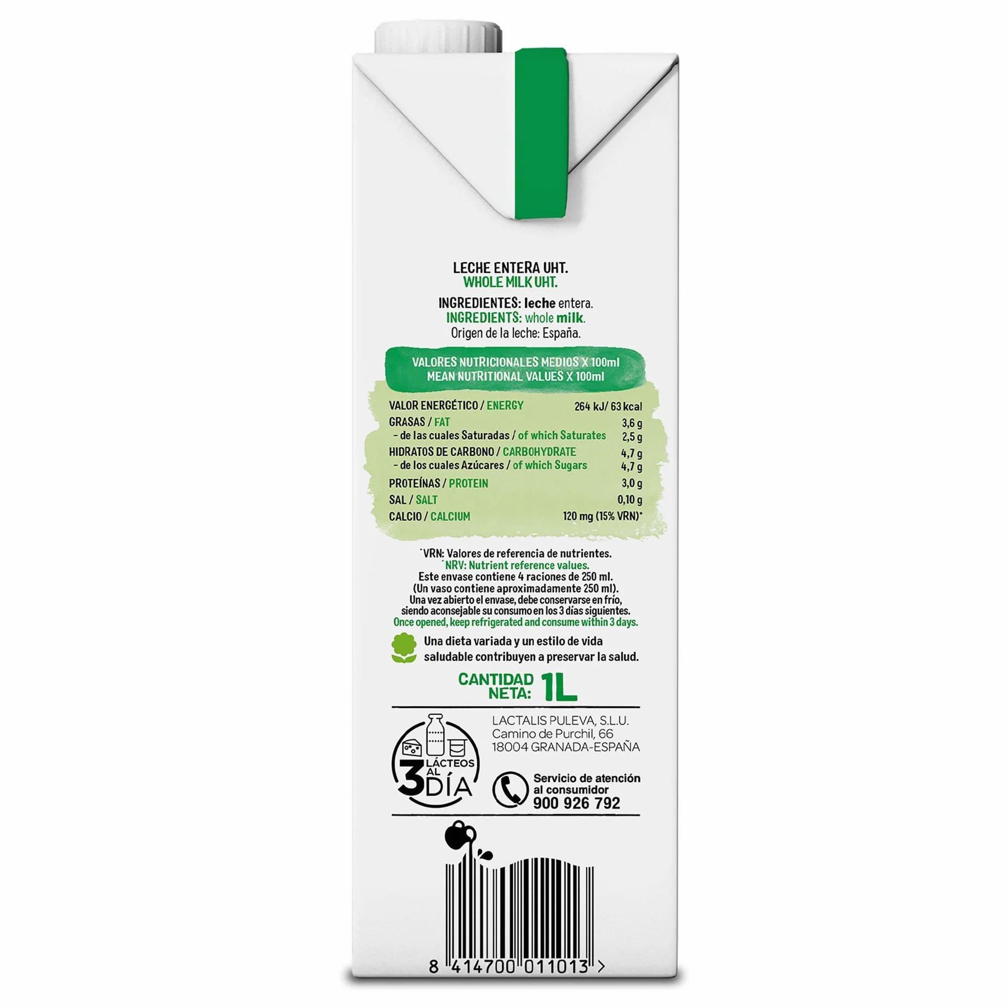 Lauki Leche Entera Bienestar Animal Sin Azúcar Añadido Sin Gluten Brik UHT Pack 6 x 1L