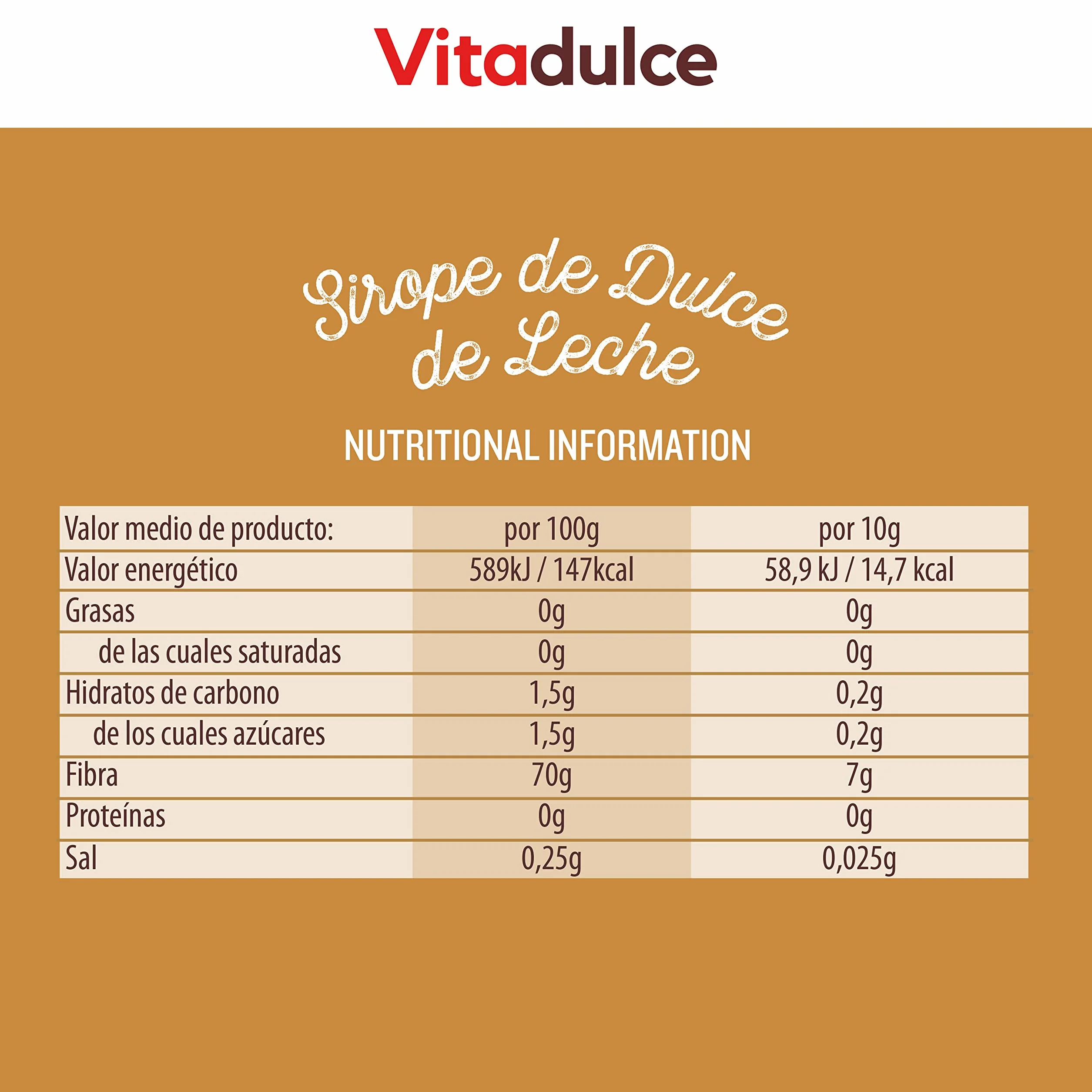 Sirope de dulce de leche sin azúcares añadidos, Topping bajo en calorías 400 gr Vitadulce