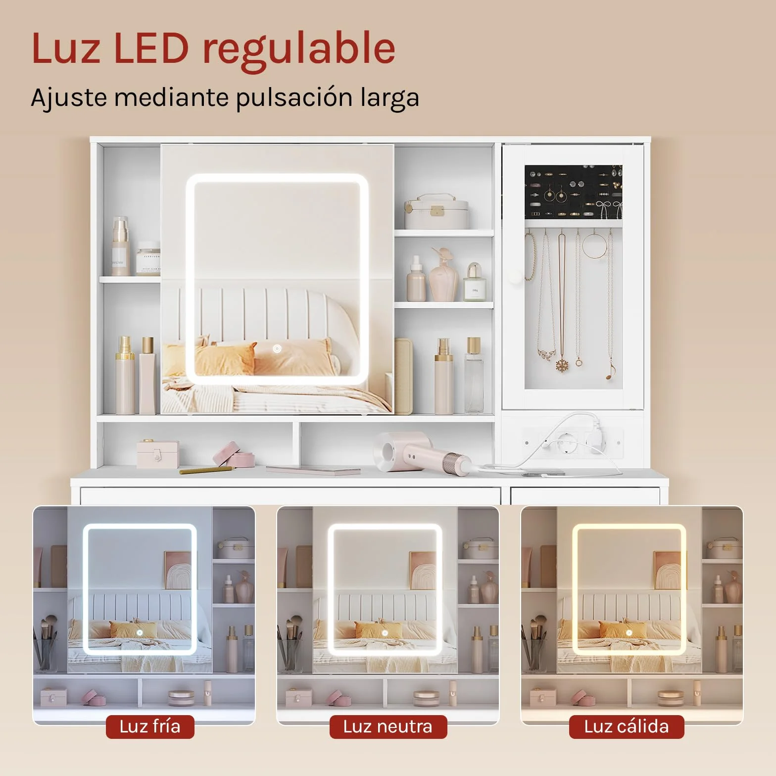 WOLTU Tocador Maquillaje con Joyero, Espejo Luz LED Ajustable, Mesa Tocador Maquillaje con Enchufes, Cajones y Estantes, Blanca, MB6125ws
