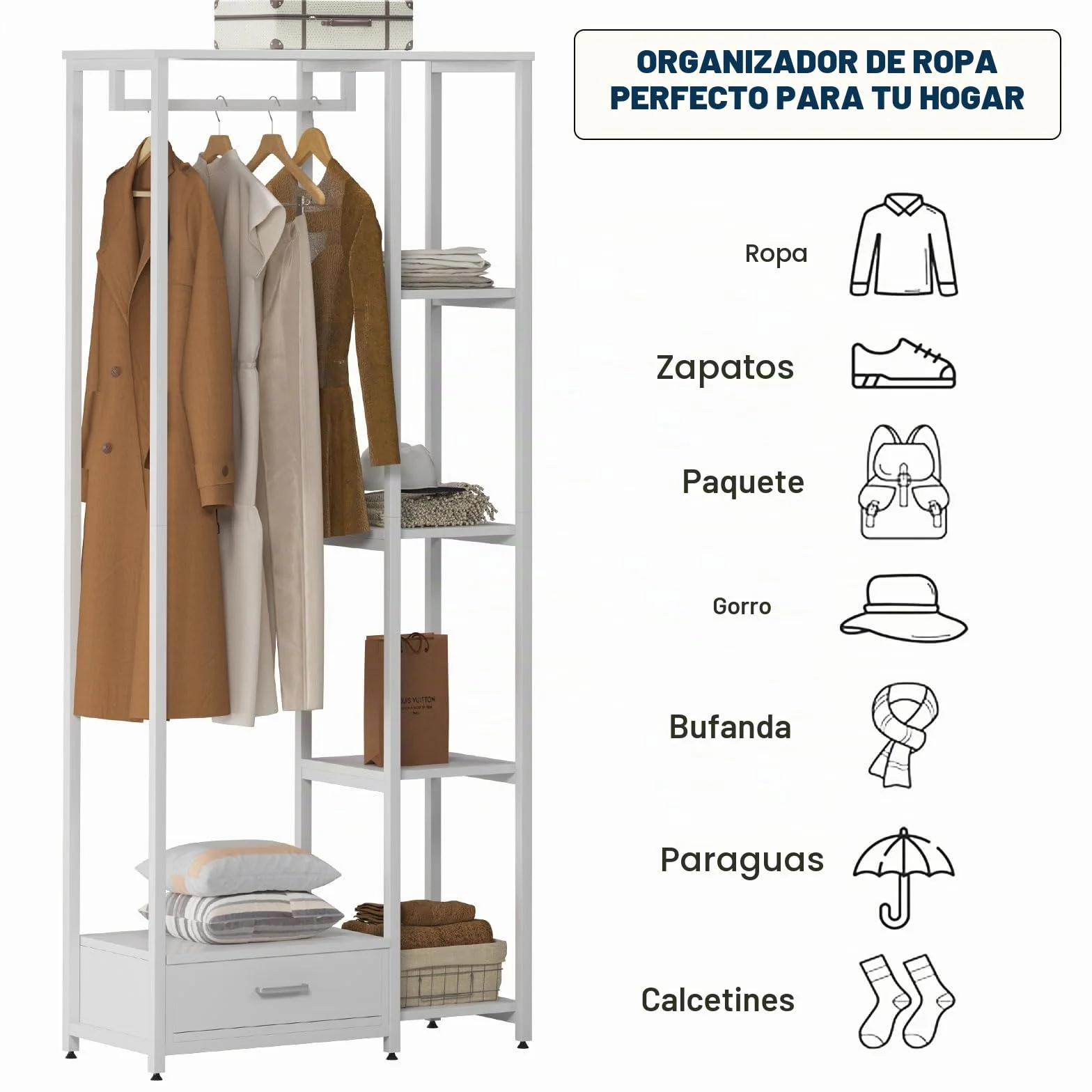 SogesHome Perchero de pie con estantes de almacenamiento y cajón, 3 en 1, de madera, con 4 niveles para dormitorio