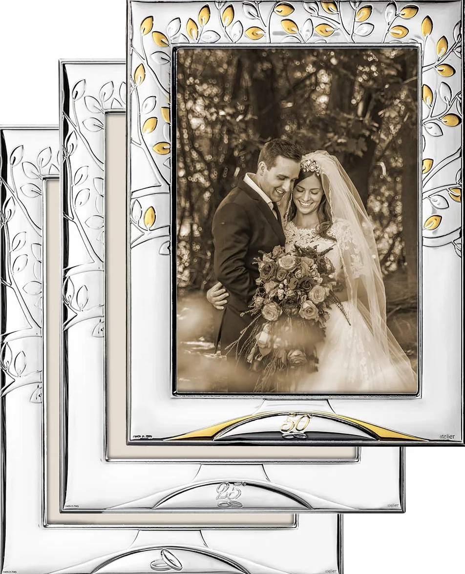 Portafotos Laminado en Plata de Ley 925‰. Diseño Alianzas, 25 Aniversario y 50 Aniversario para foto de 15x20 cm. Con opción de Personalizado. (E0318)