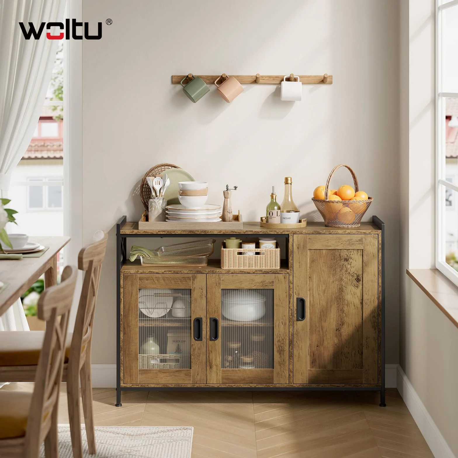 WOLTU Aparador Cocina de Almacenamiento, 3 Puertas, Estantes Ajustables, Mueble Auxiliar de Almacenaje para Cocina Salón y Comedor, Estructura Metal y Madera, 110x33x75 cm, Madera Marrón