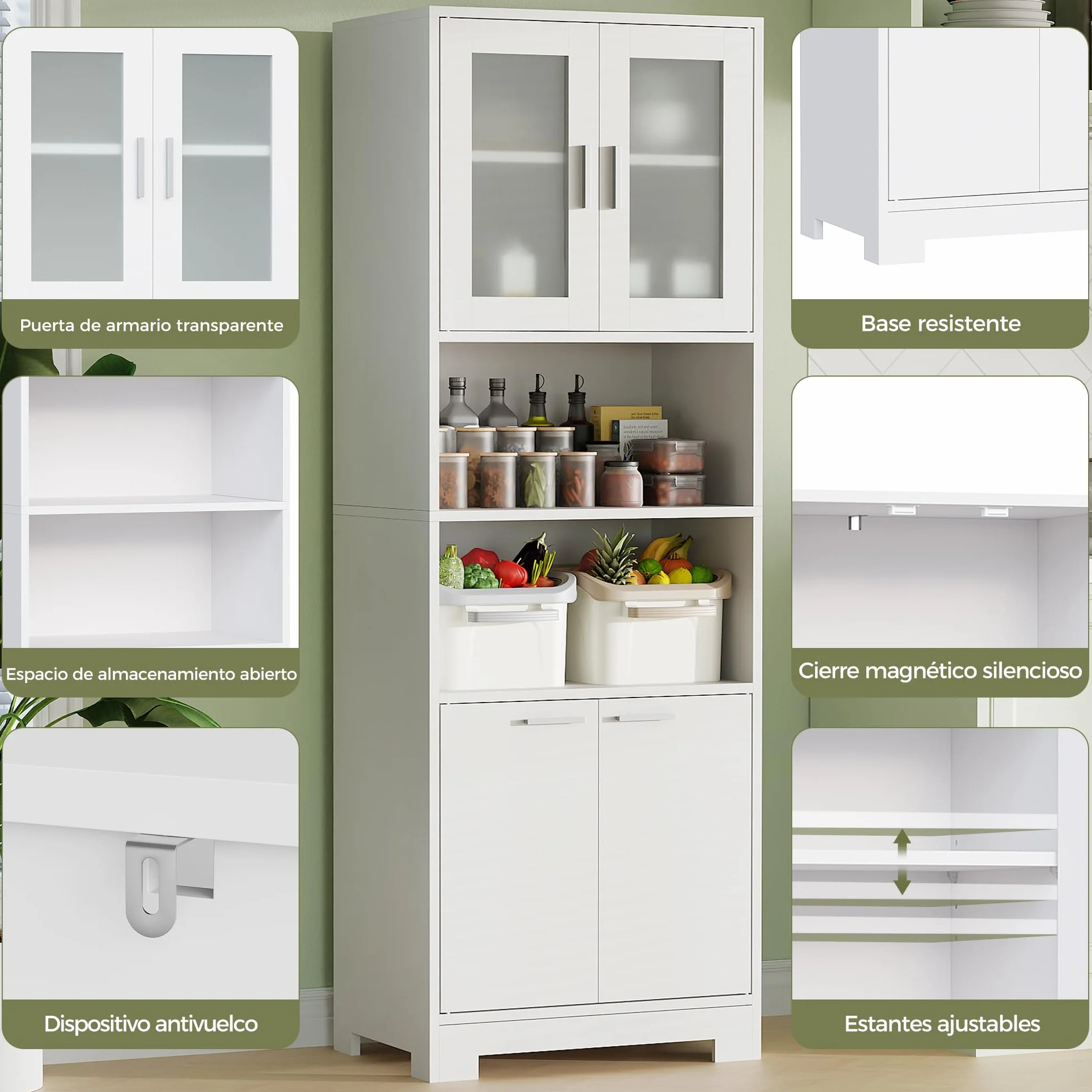 BEWISHOME Armario Alto de Baño 40x60x180 cm Blanco con 2 Estantes Ajustables