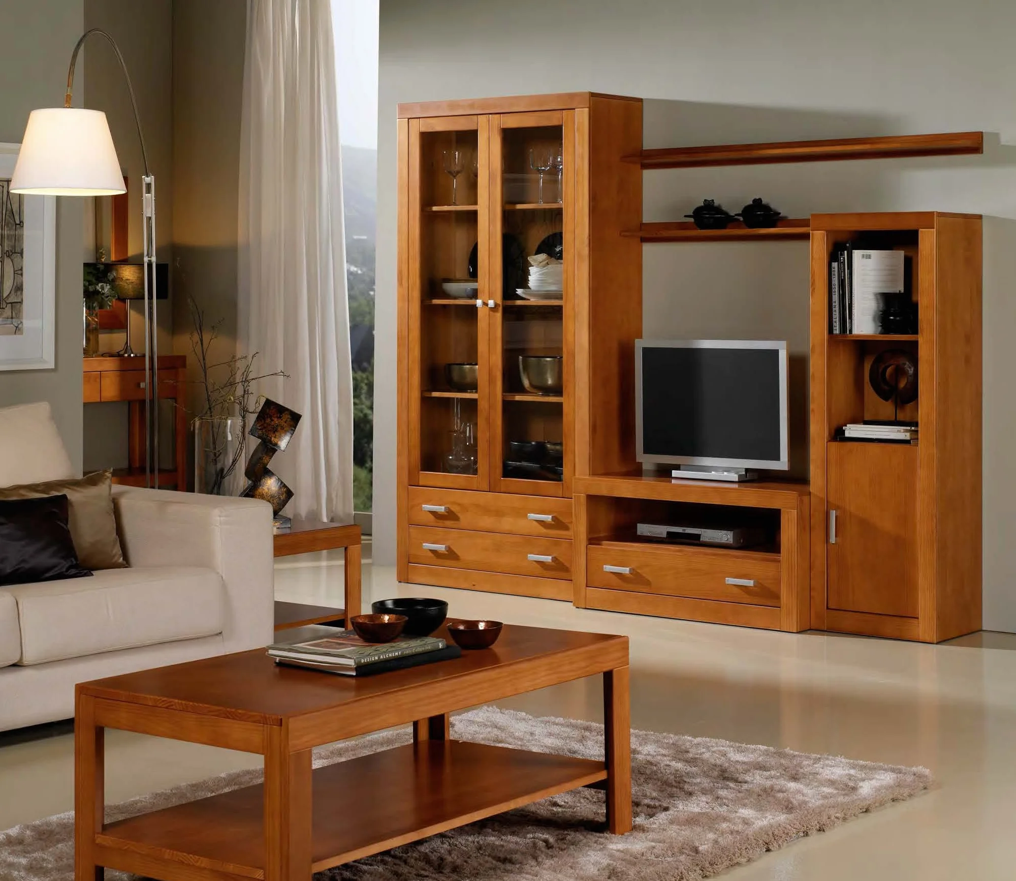 Dogar Moblit,Aparador Tres Puertas Cuatro Cajones, realizado en Madera de Pino Macizo Natural. Color Cerezo Claro, Serie Kalpe,Medida (86X130X42) Cm (Alto/Ancho/Fondo),Salon, Cocina,Entrada o Comedor
