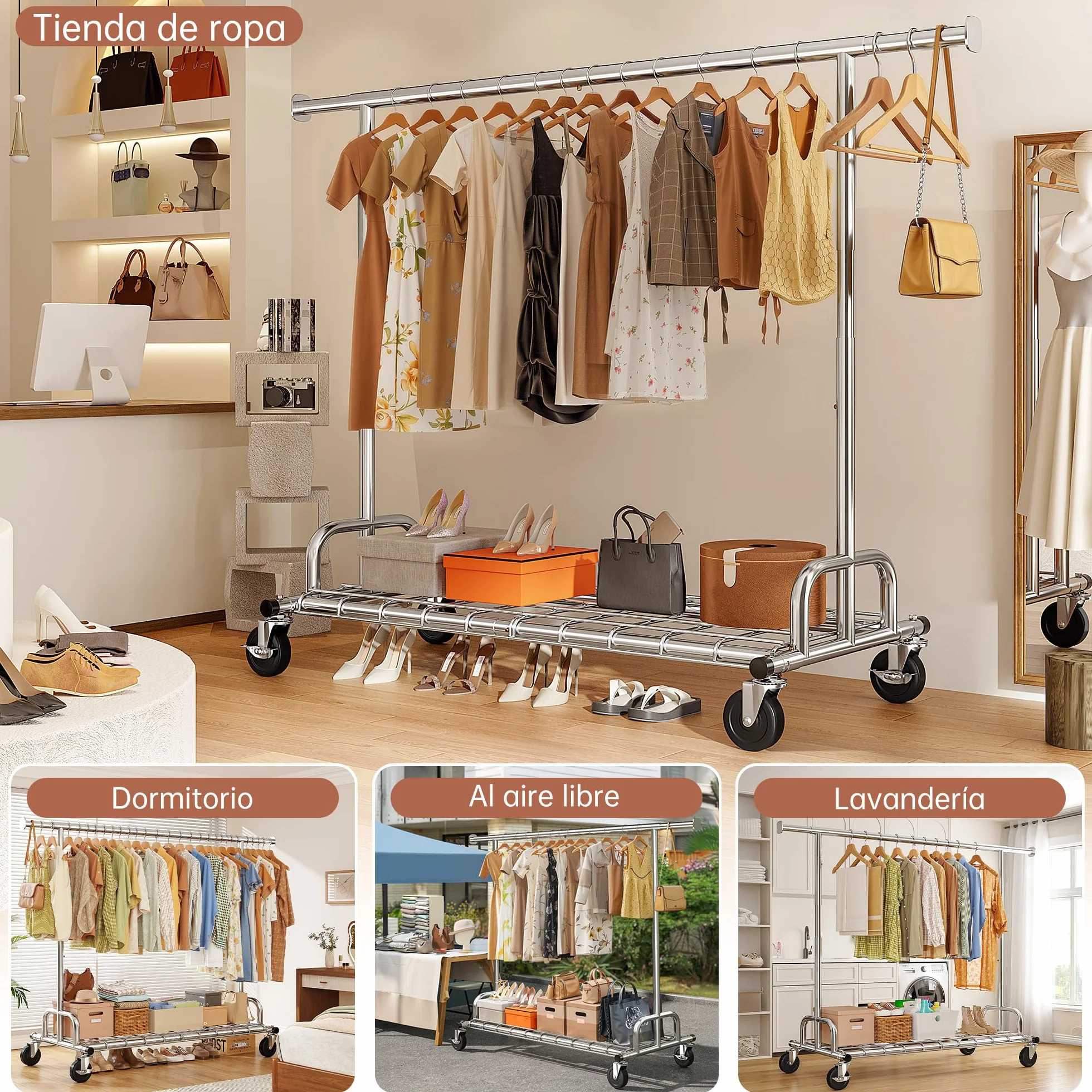 Perchero Burro Ropa con Ruedas 200kg 130–190cm Extensible 166-178cm Altura regulable