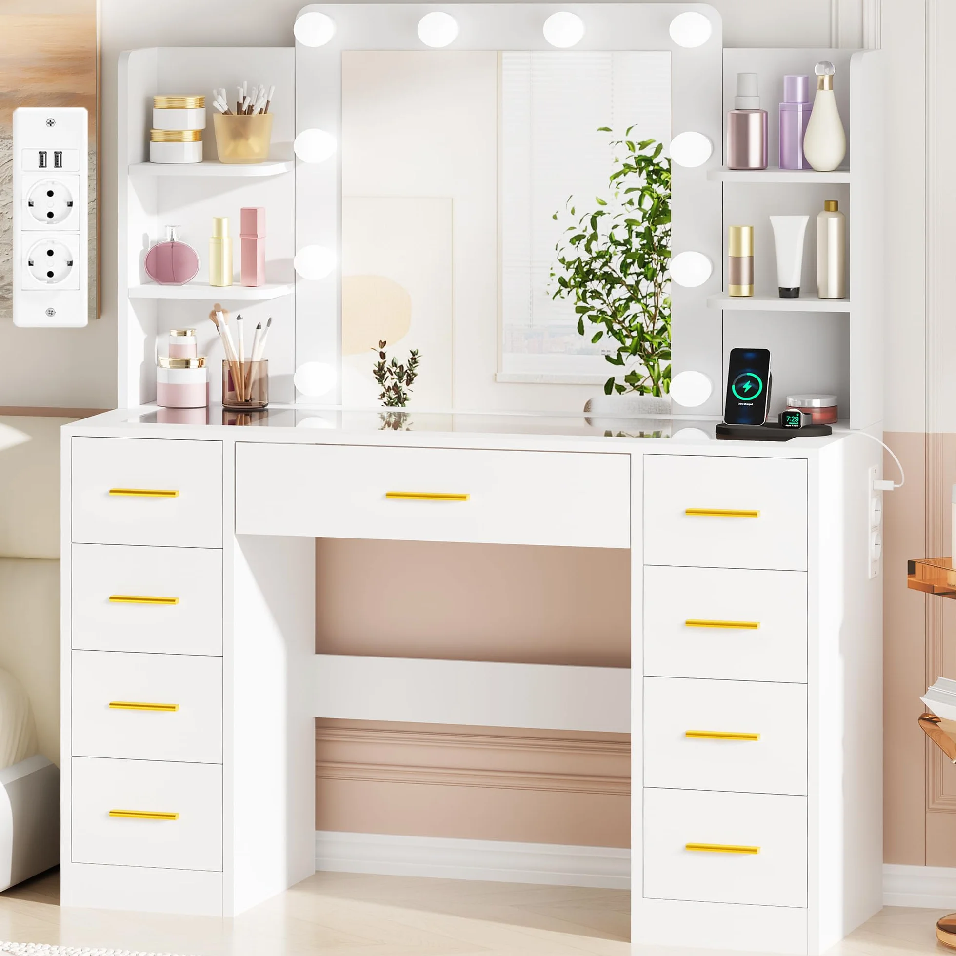 BEWISHOME Tocador con Luces LED Regulables, Mesa de Maquillaje con Espejo y Tapa de Vidrio, 9 Cajones Blanco EFST39W
