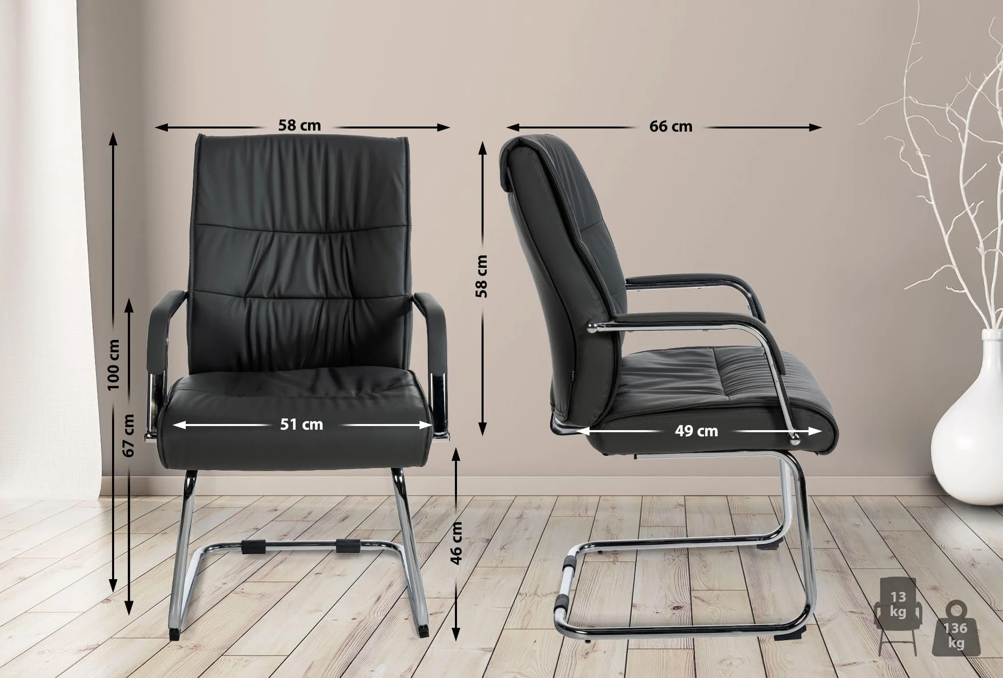 Silla Estilo Cantilever Sievert Tapizada en Cuero Sintético, Silla de Conferencias con Reposabrazos, Silla de Oficina Sin Ruedas, Negro