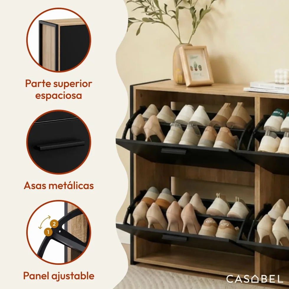 CASABEL Zapatero 4 Abatibles, Mueble Zapatero Entrada Negro & Madera, Diseño Moderno, Gran Capacidad 24 Pares, Mueble de Almacenaje para Pasillo, Entrada, Salón, L114xF24xH83 cm