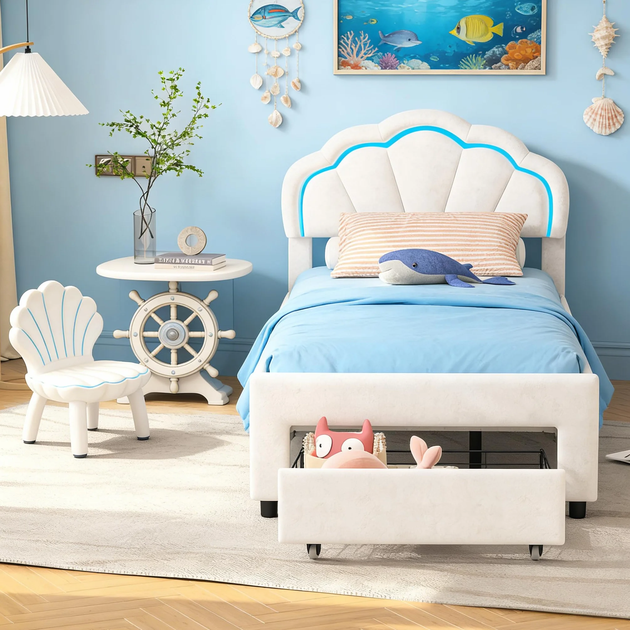 DADEA Cama de Niña Princesa LED con Cajones, Camas Individuales 90x200 Infantiles, Cama Infantil Niña90x200 con Cabecero Cama Niña Adolescente con SomierCamas Infantiles Moderna, Sin colchón